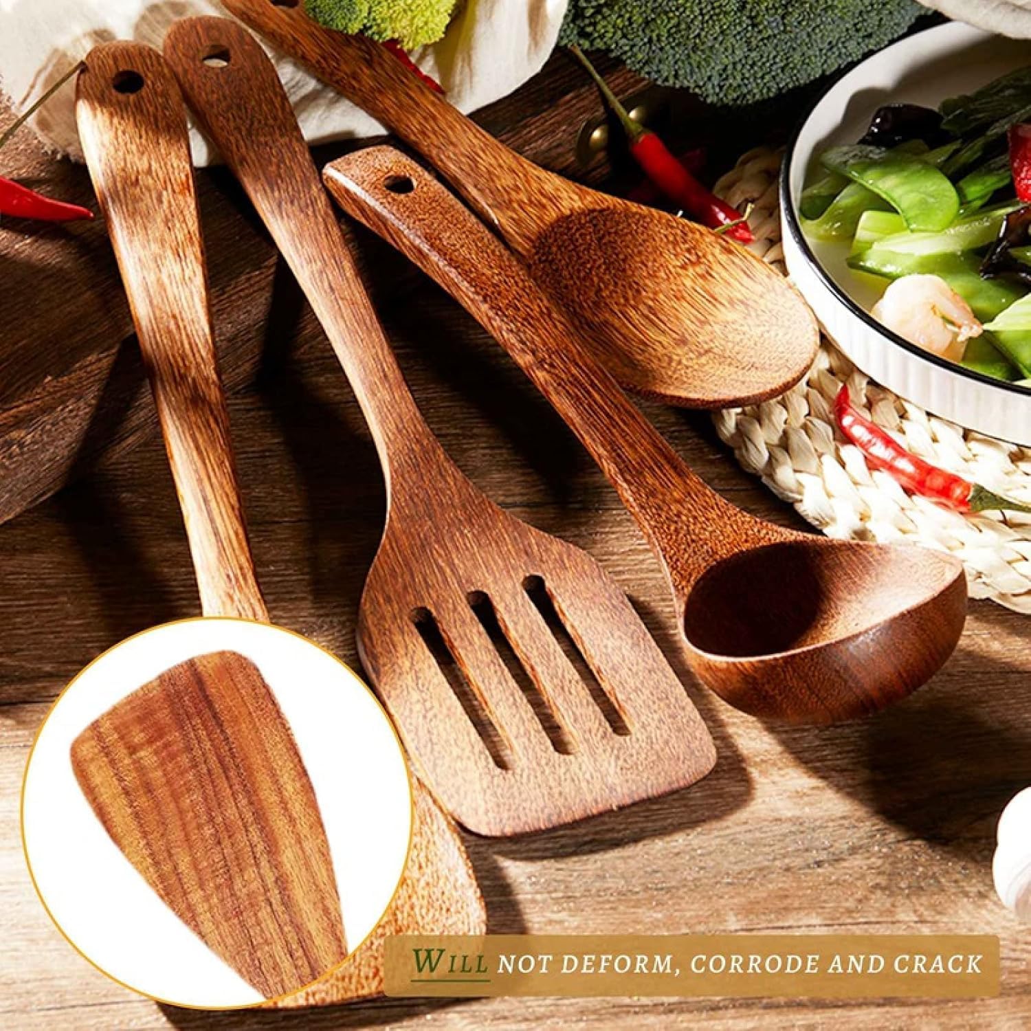 Küchenutensilien-Set, Kochutensilien-Set Aus Holz for Die Küche, Antihaftbeschichtet, Kochgeschirr, Spatel, Gabel, 6-teilig