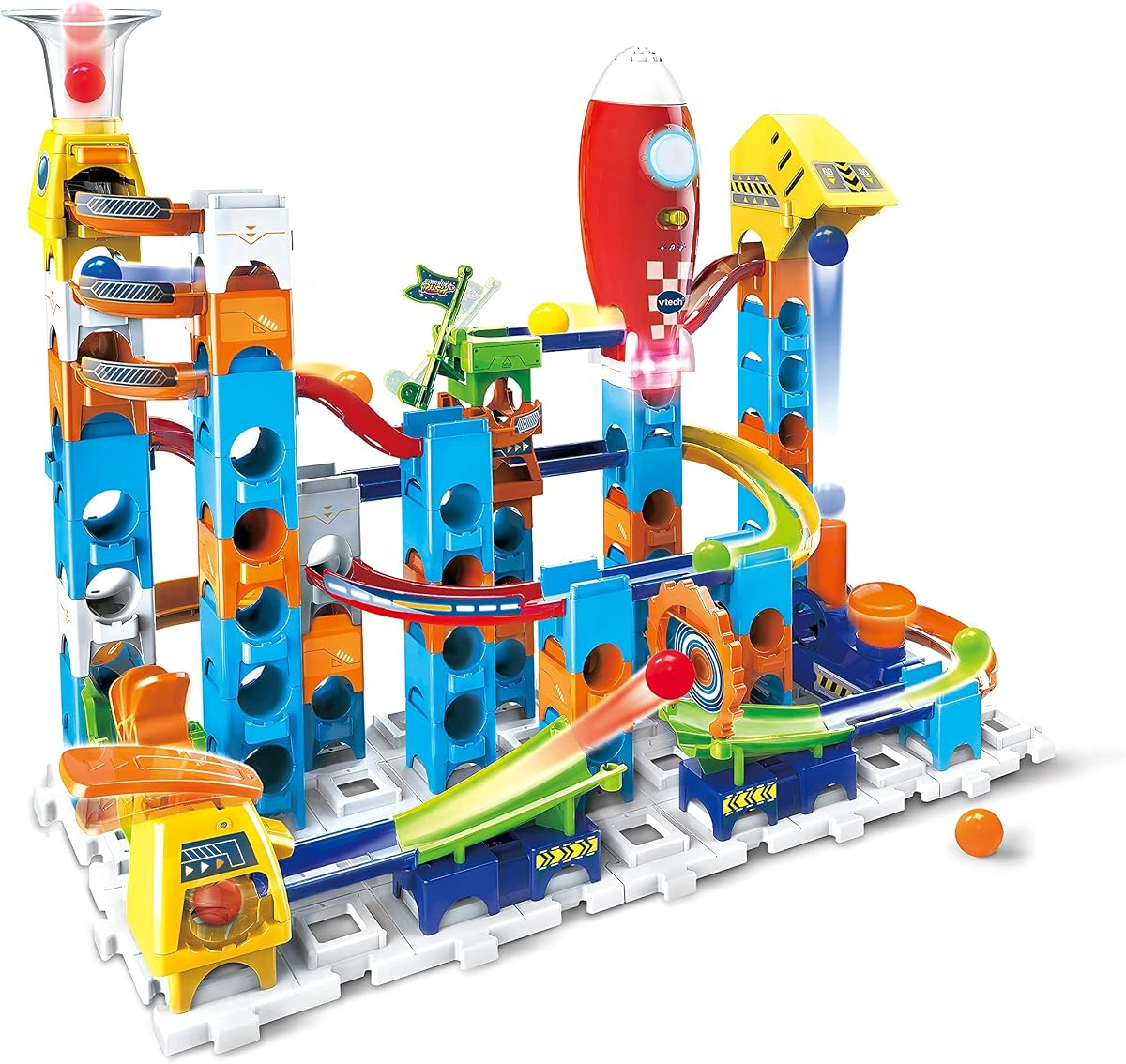 Plataforma de lanzamiento Vtech Marble Rush, inglés | Pista de canicas con 79 piezas codificadas por colores, 10 canicas, saltos, acrobacias y una nave espacial electrónica para la construcción creativa. Edades 4+