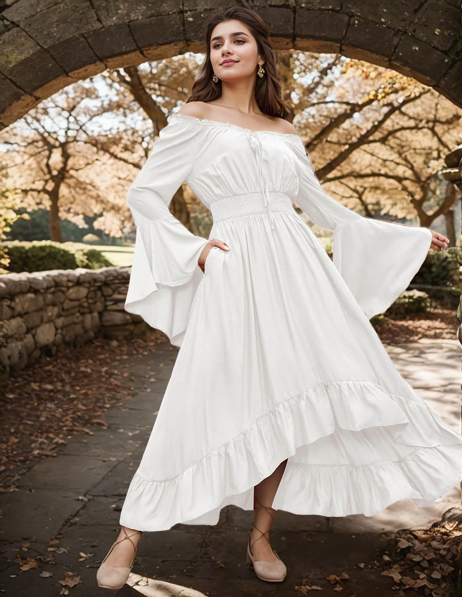 Gothden Renaissance Dress Women Medieval Costume Victorian Dresses Peasant Gothic Dress White, XL - Image 2
