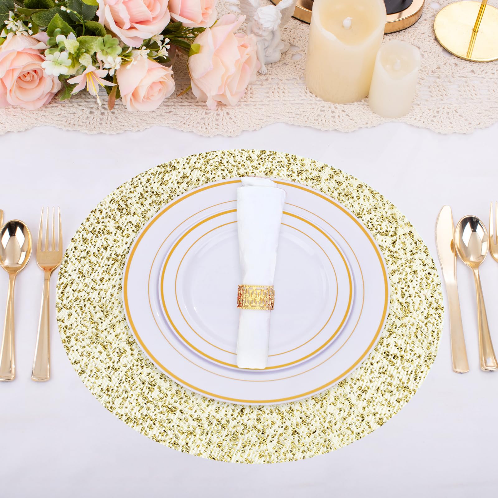 Dünnes Mesh Platzset Rund Gold, 24 Stück 13-Zoll Tischset Rund Gold-Folie Platzsets Elegant Platzdeckchen Goldene Dünnes Mesh Tischsets für Westliches Restaurant, Hochzeitsfeiern, Familienessen (B) Küche, Haushalt & Wohnen