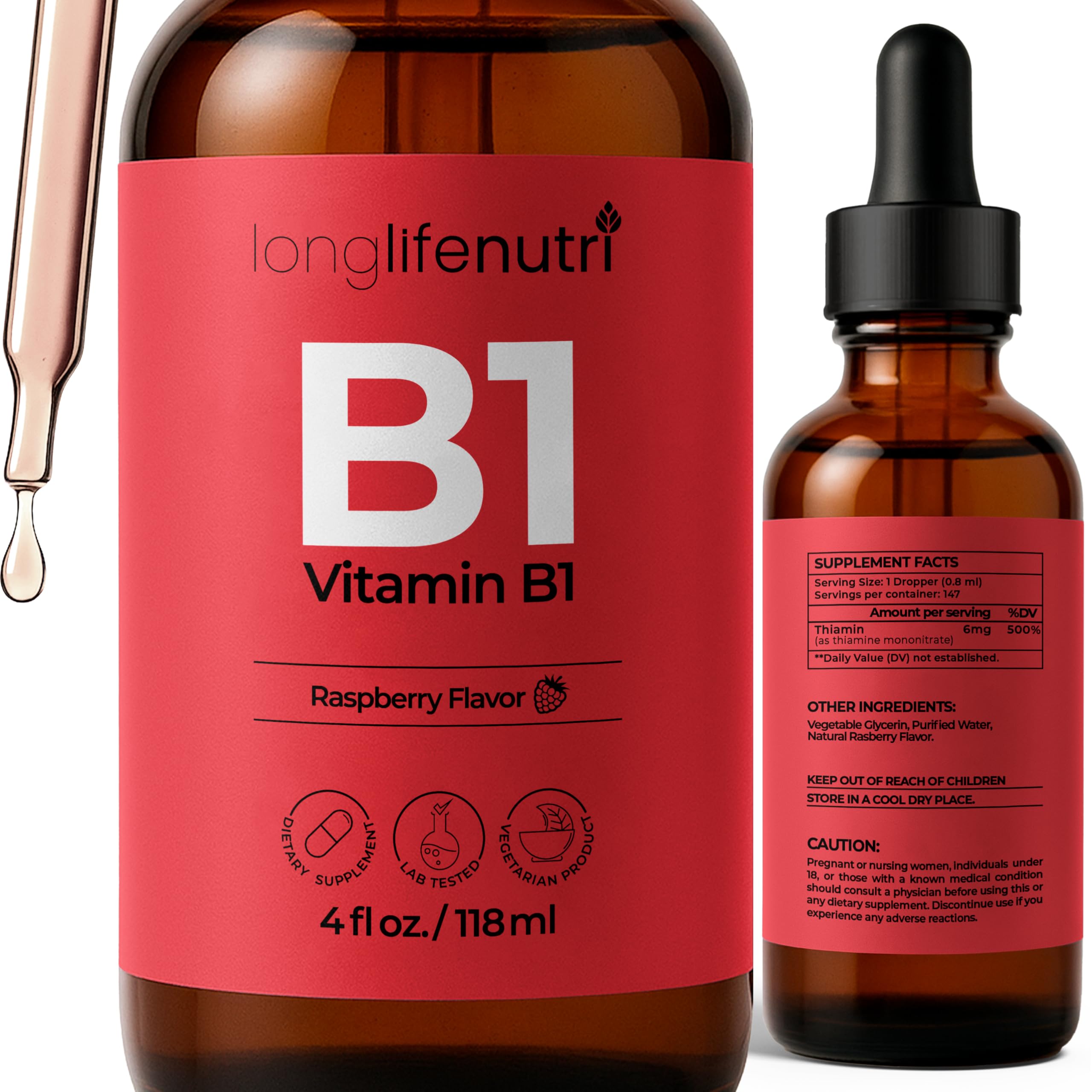 LongLifeNutri Vitamin B1 Drops 6mg, 4 FL OZ, About 5-Month Supply