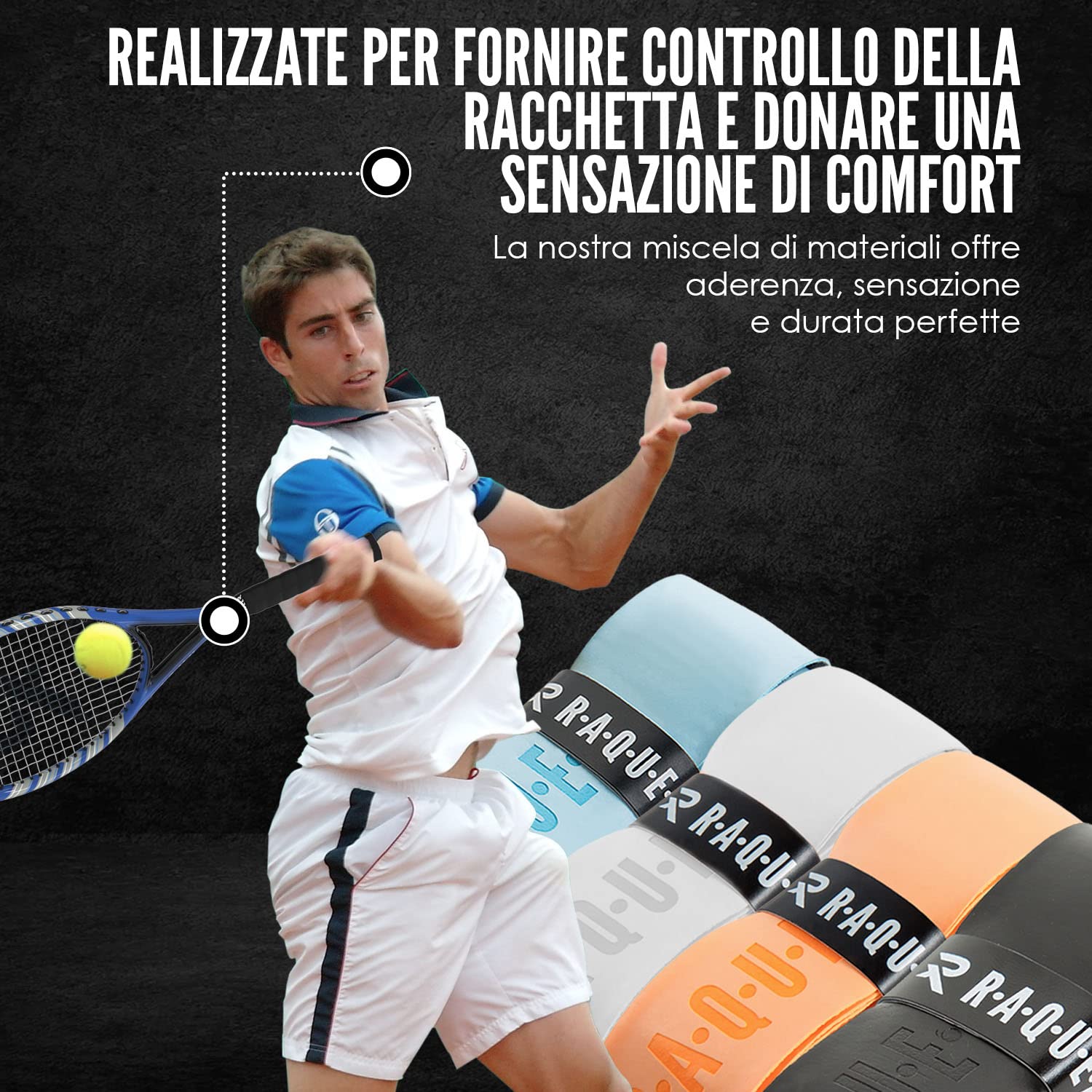 Raquex Enhance Grip per Racchetta (14 Colori): PU Grip per Padel, Tennis, Badminton, Squash. Appiccicoso, Assorbente, Morbido, Durevole. Grip di Ricambio per Racchetta da Tennis