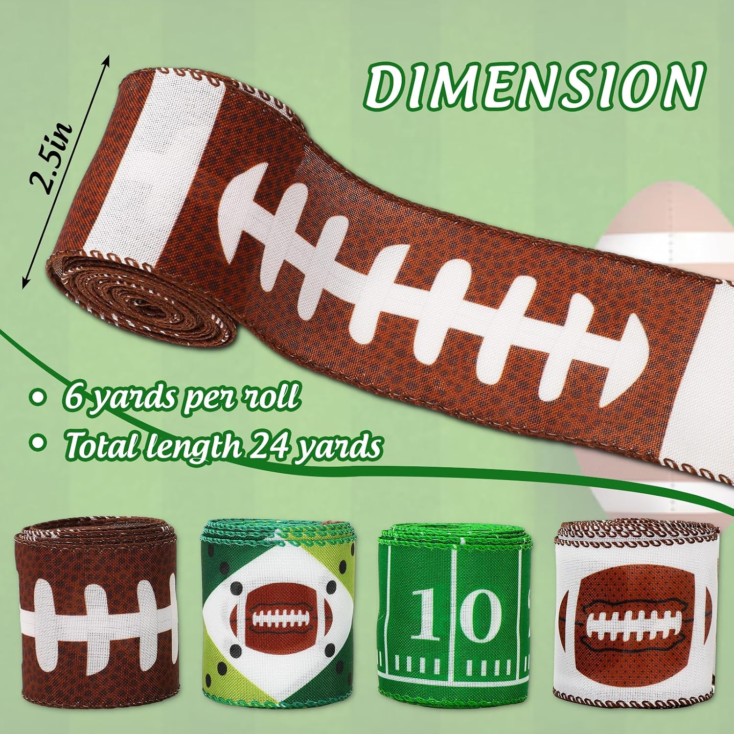 Whaline 4 Rolls Football Wired Edge Ribbons Craft Ribbon 2.5 in 24 Yards Sports Theme Fabric Wrapping Ribbon for Bow Wreath Party Home Decor