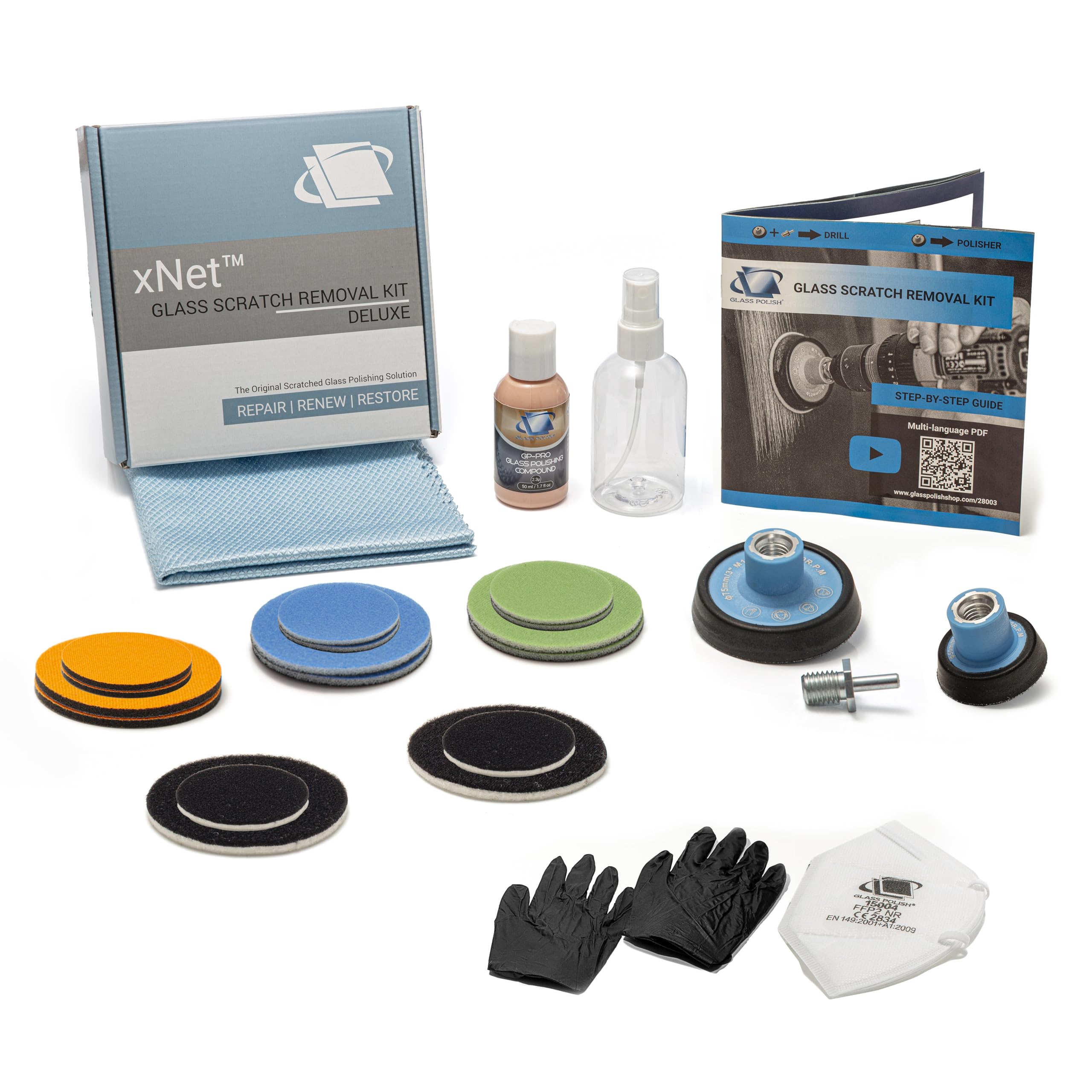 GLASS POLISH DIY Glass Scratch Removal Deluxe Kit 2" &amp; 3" - Effective Glass Polishing with Drill or Polisher, Repairs Deep Scratches, Removes Surface Damage and Restores Original Clarity &amp; Shine