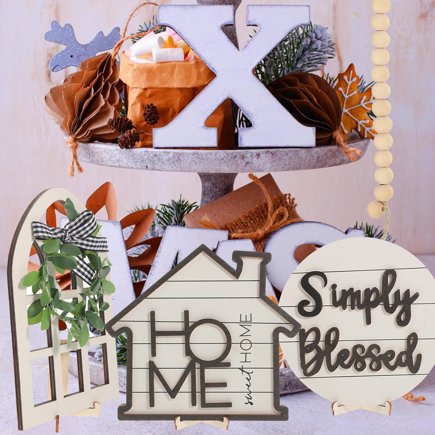 Garneck Farmhouse Tiered Tray Decor Set 10Pcs Rustic Wood Beads and Love House Signs Multi-Layer Tray Decorations for Kitchen and Spring Interior Accents