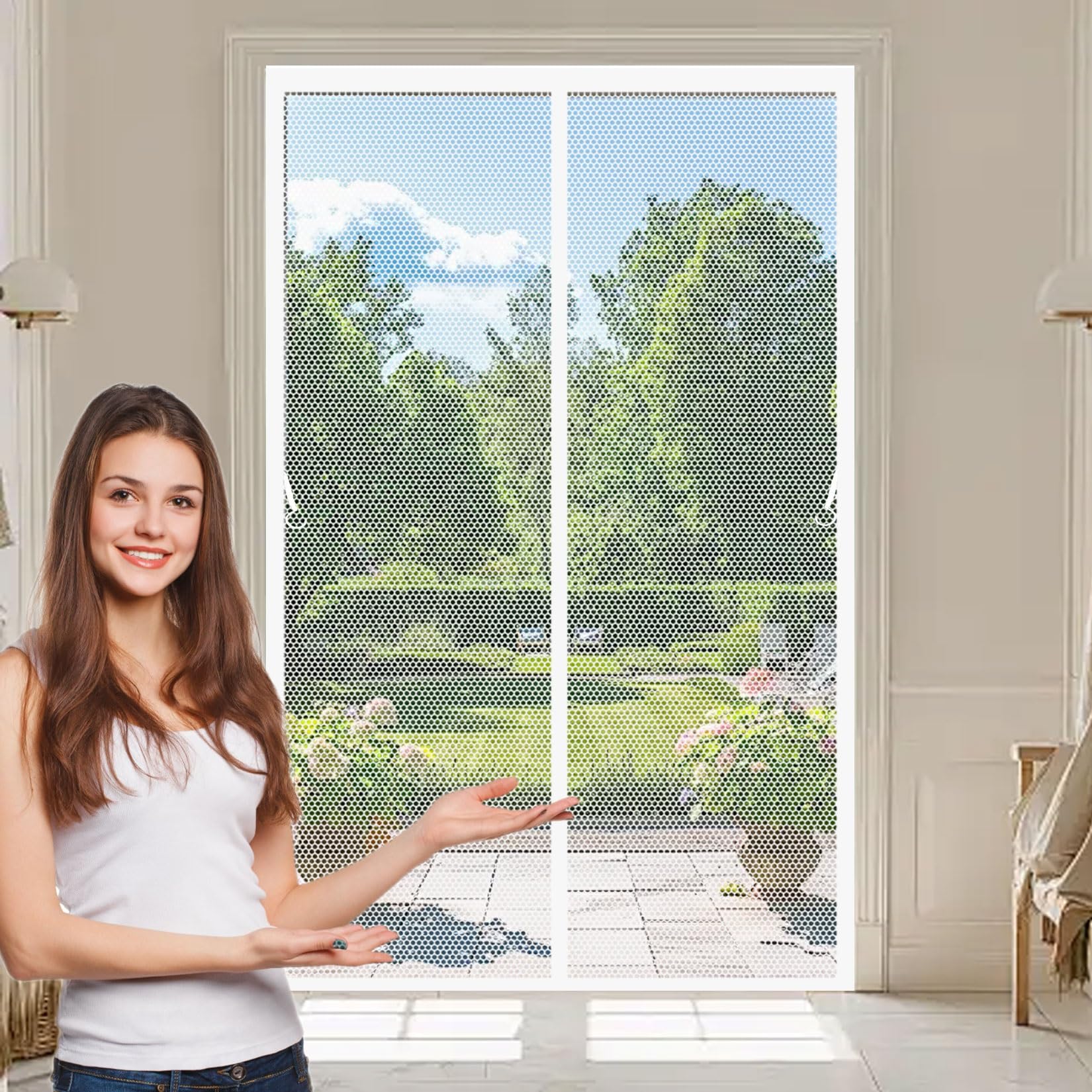 Magnetic Fly Screen Door 81 x 220 cm Powerful Magnets, Self-Sealing, Polyester Magnetic Fly Screens Without Drilling, Heavy Duty for Patio Doors Bedroom, White