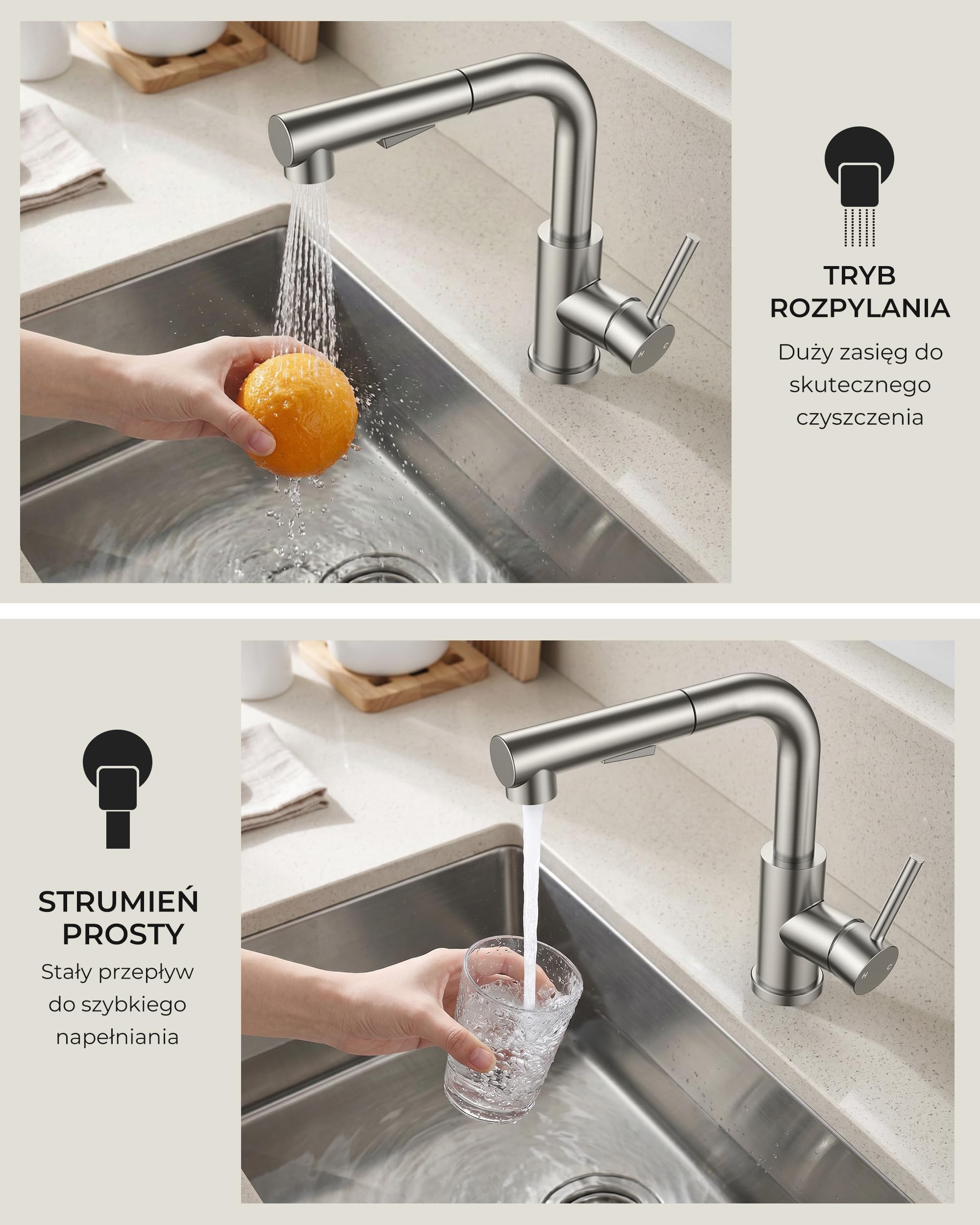 FORIOUS Kran Kuchenny, Bateria Kuchenna Wyciąganą, Kran Zlewozmywakowy ze Stali Nierdzewnej w Kształcie Litery L, 2 Trybami Natrysku i Obracalna o 360°, Wysokość Wylewki 210mm