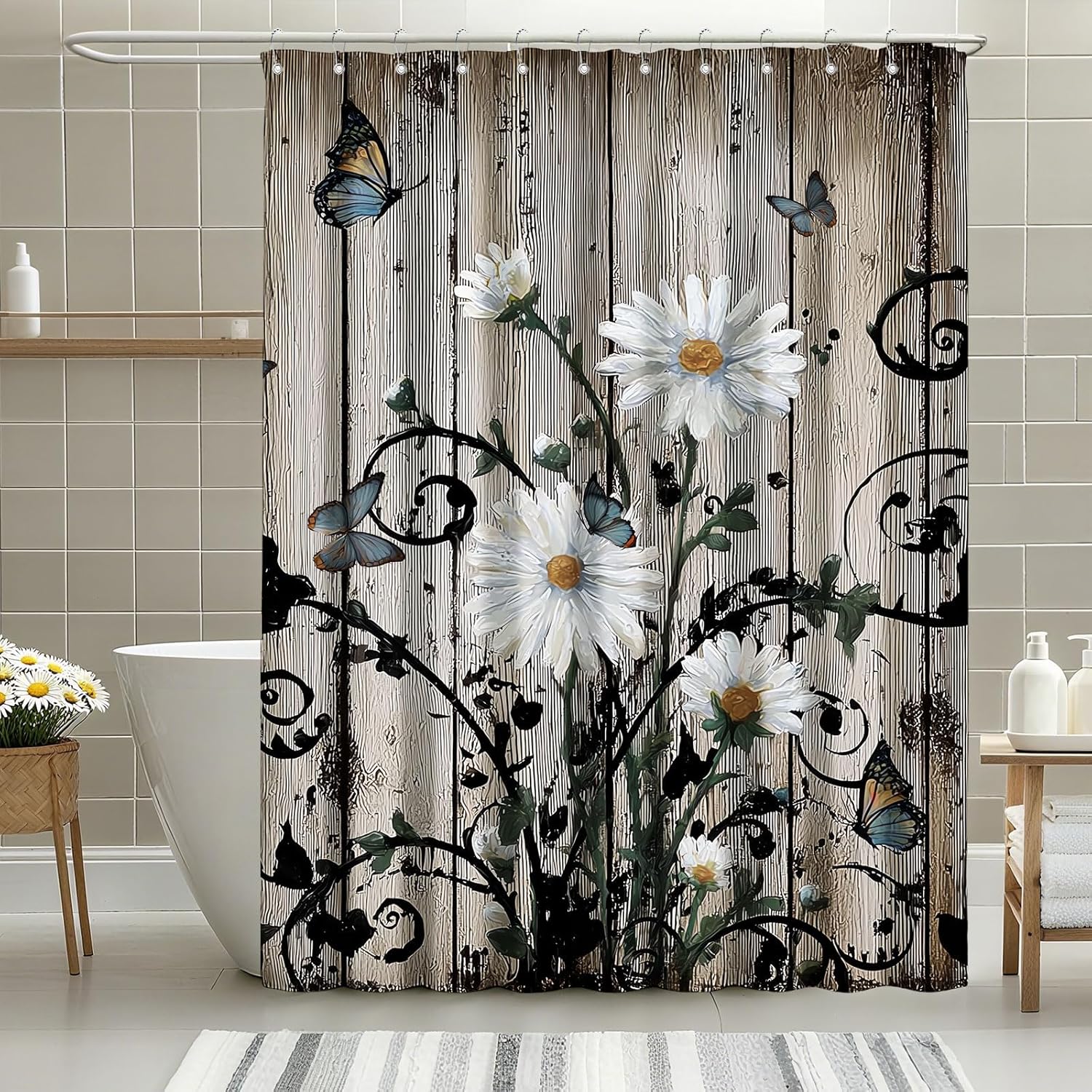 Rustic Grey Floral Shower Curtain Butterfly Flowers Shower Curtains for Bathroom Waterproof Fabric Bath Curtain Decor with Hooks