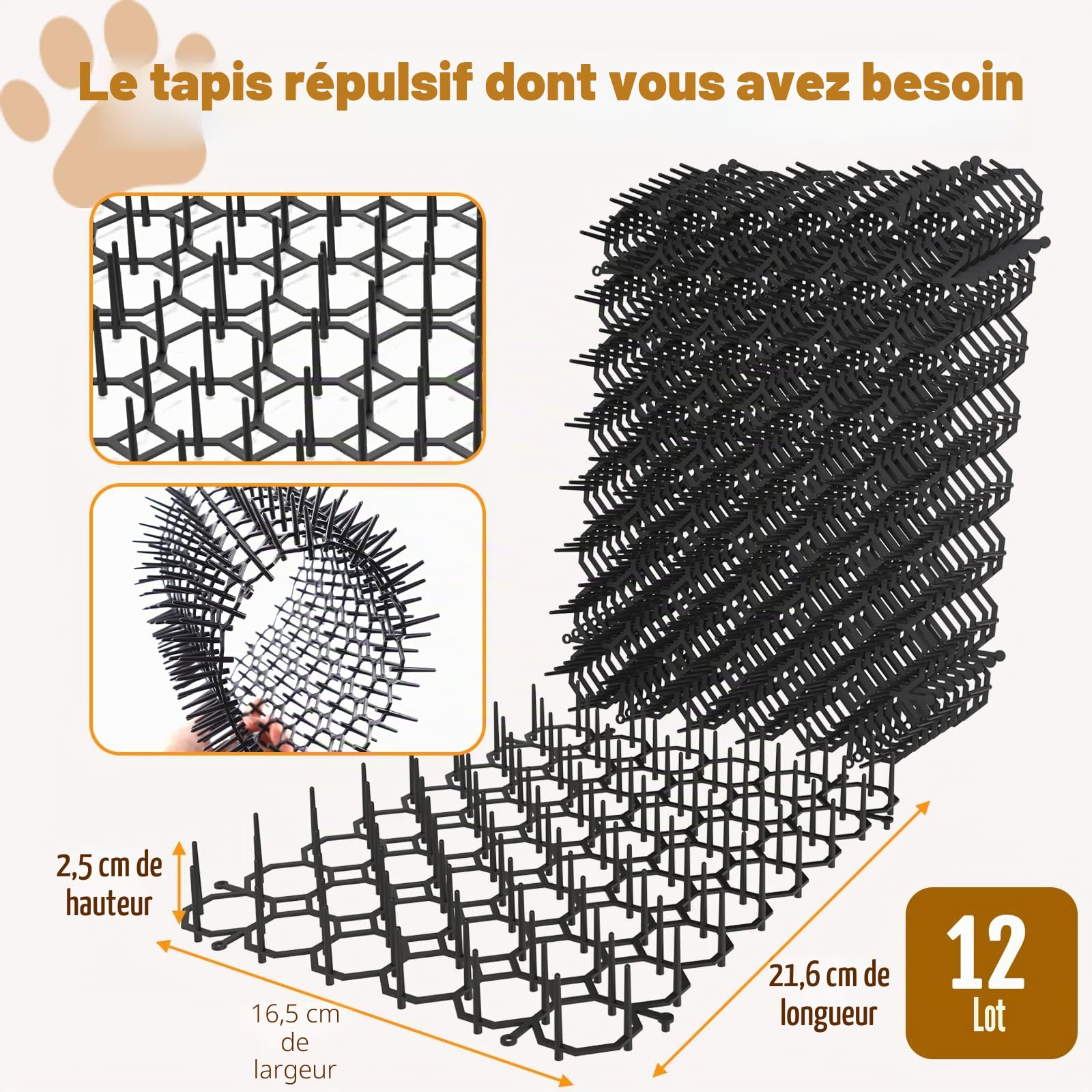 Lot de 24 Tapis Anti-Chats avec Pics en Plastique et 10 Attaches