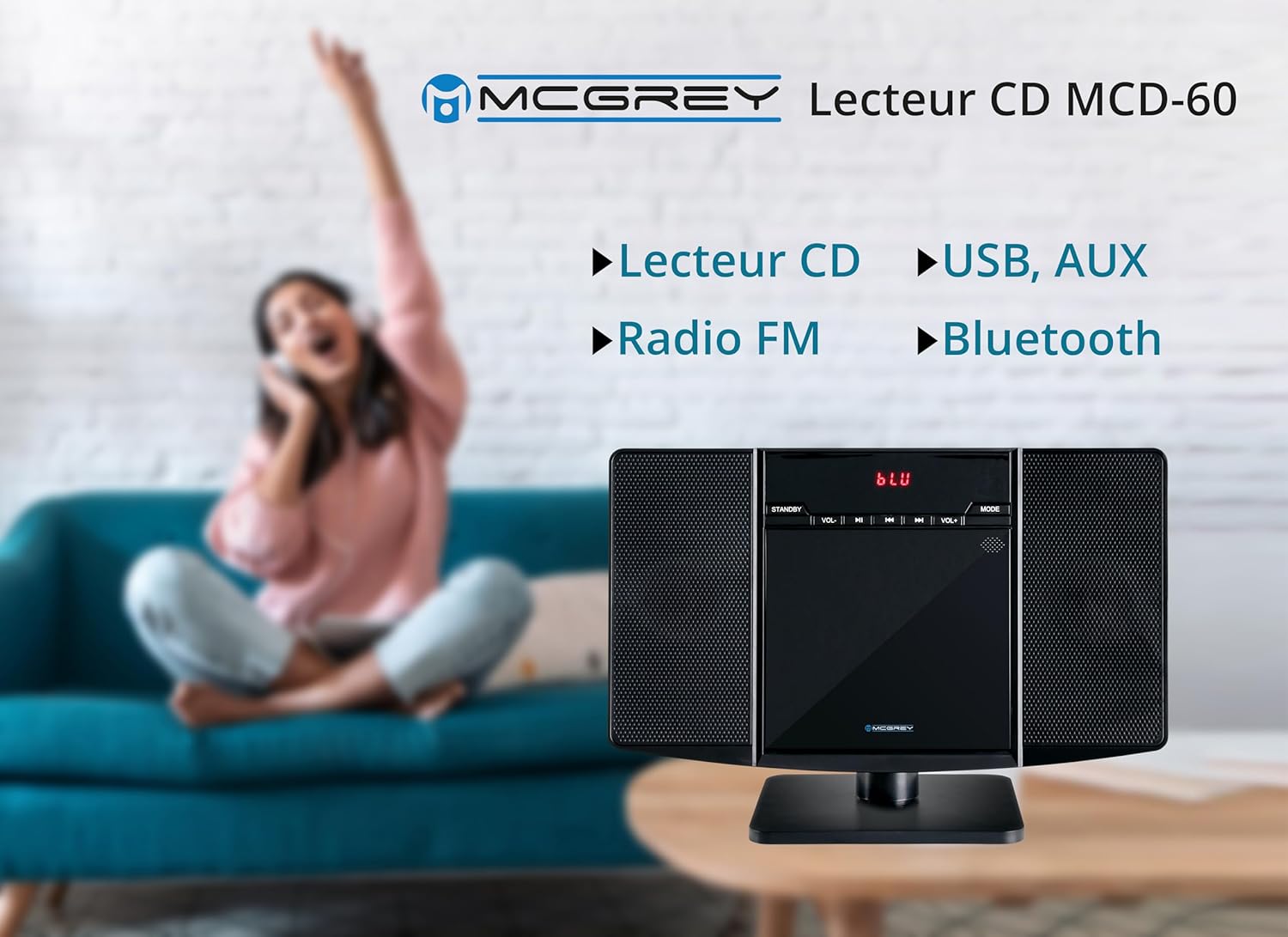McGrey MCD-60 Stereo System with dimensions labeled: 35 cm width, 23 cm height, 17 cm base depth, 14 cm unit depth.
