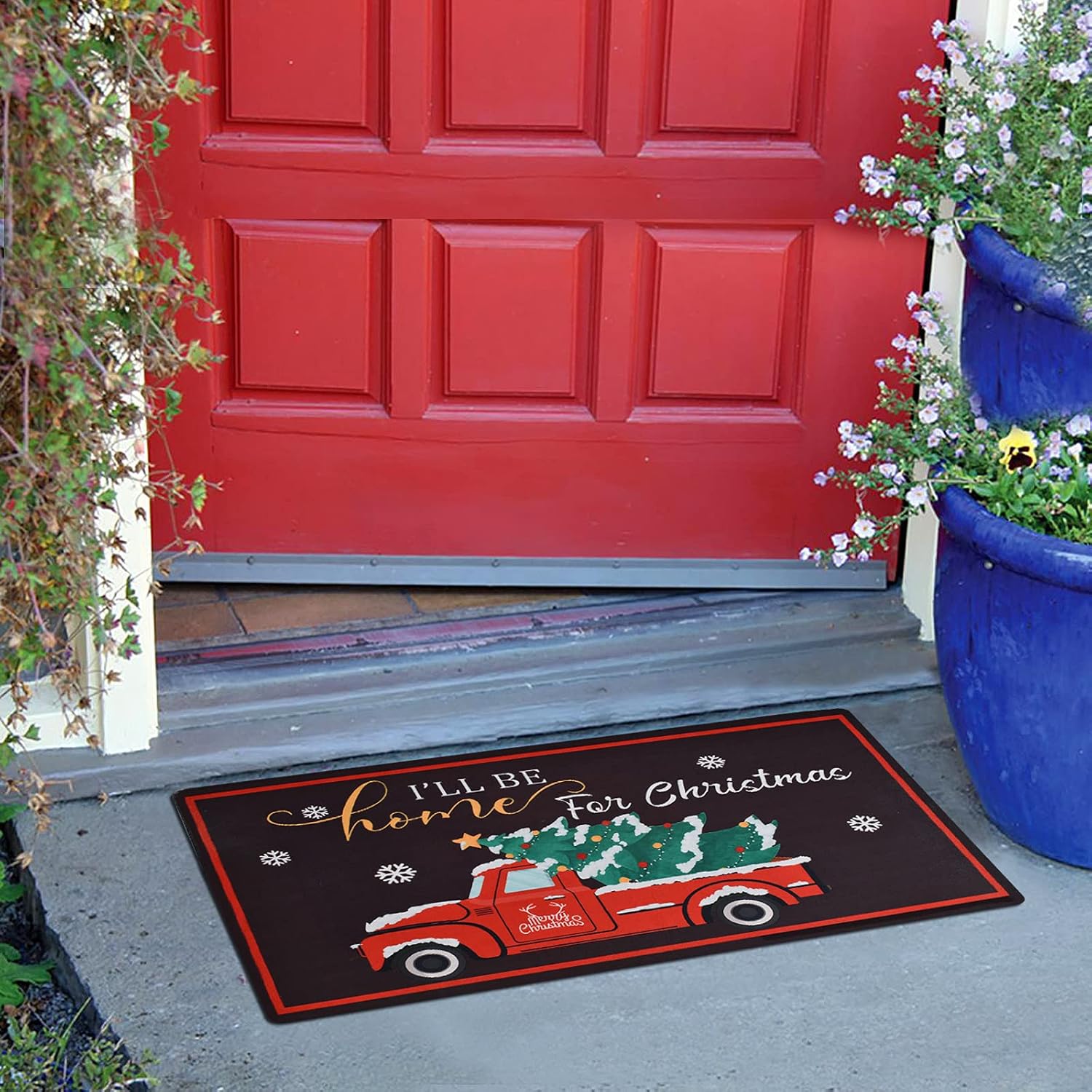 Merry Christmas Welcome Mats Decorative Doormats with Xmas Tree Non-Slip Winter Front Door Mat Indoor Outdoor Holiday Decor Floor Rug for Home Entryway Kitchen (Pickup Truck)