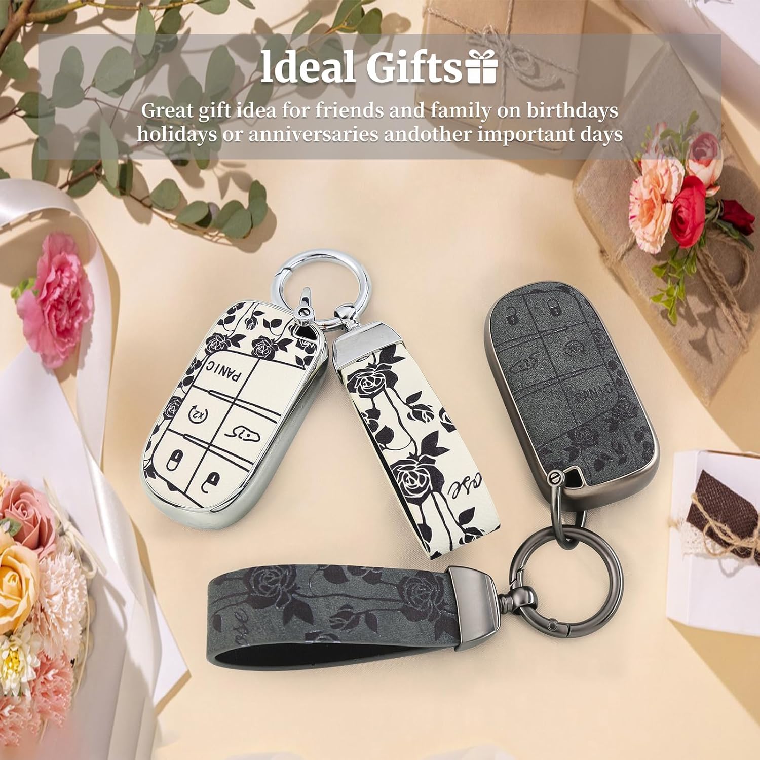 TPU and Leather Key Fob Cover Full Protection Suitable for Dodge,Key Cover Case for Jeep Grand Cherokee Renegade Compass 3 4 5 Buttons Smart Key Car Accessories Holder Protector (White Rose)
