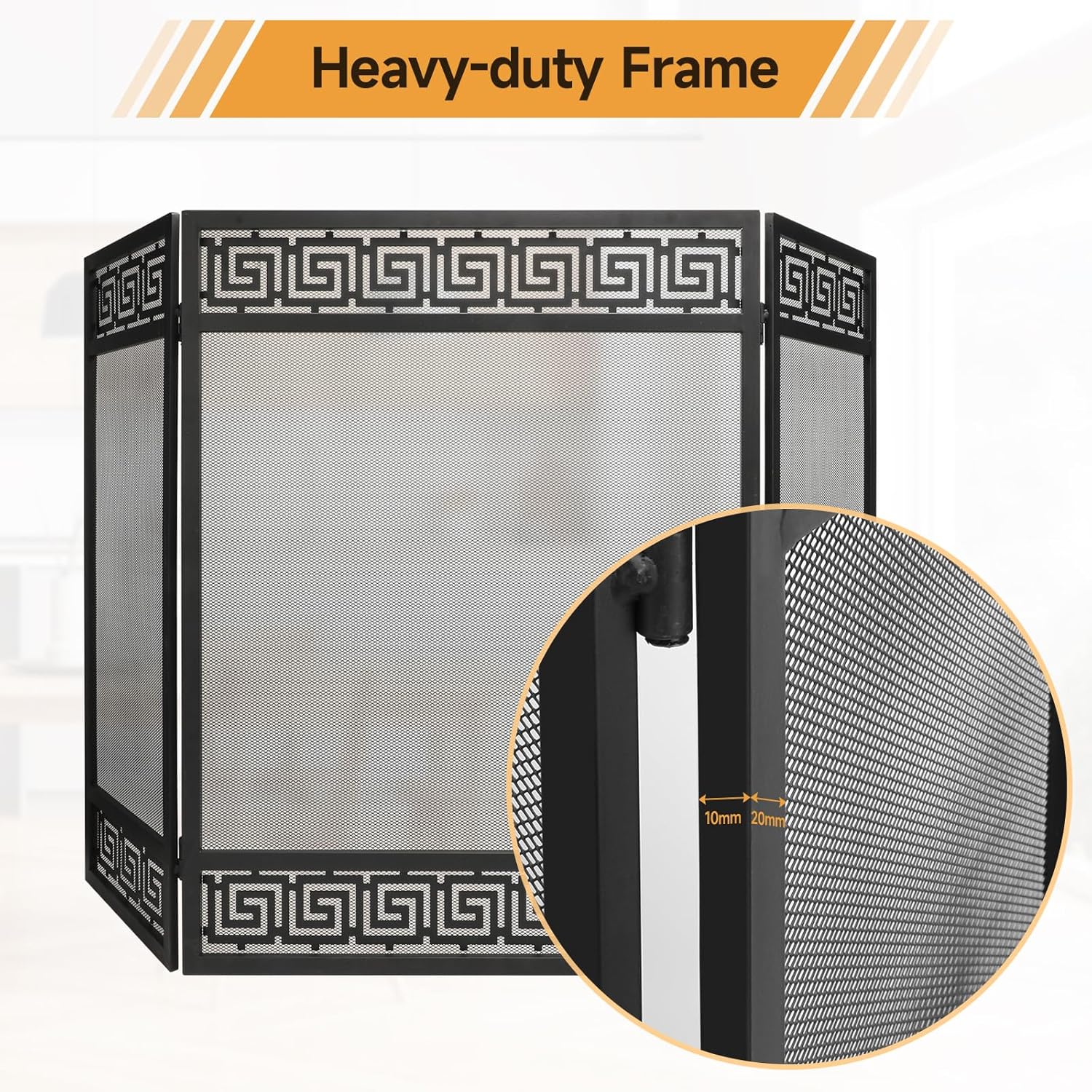 3 Panel Fireplace Screen, Extra Large Fire Place Screens Stand Alone, 50" x 32" Wrought Iron Mesh Spark Guard, No Assembly Required, Decorative Geometric Pattern, Black