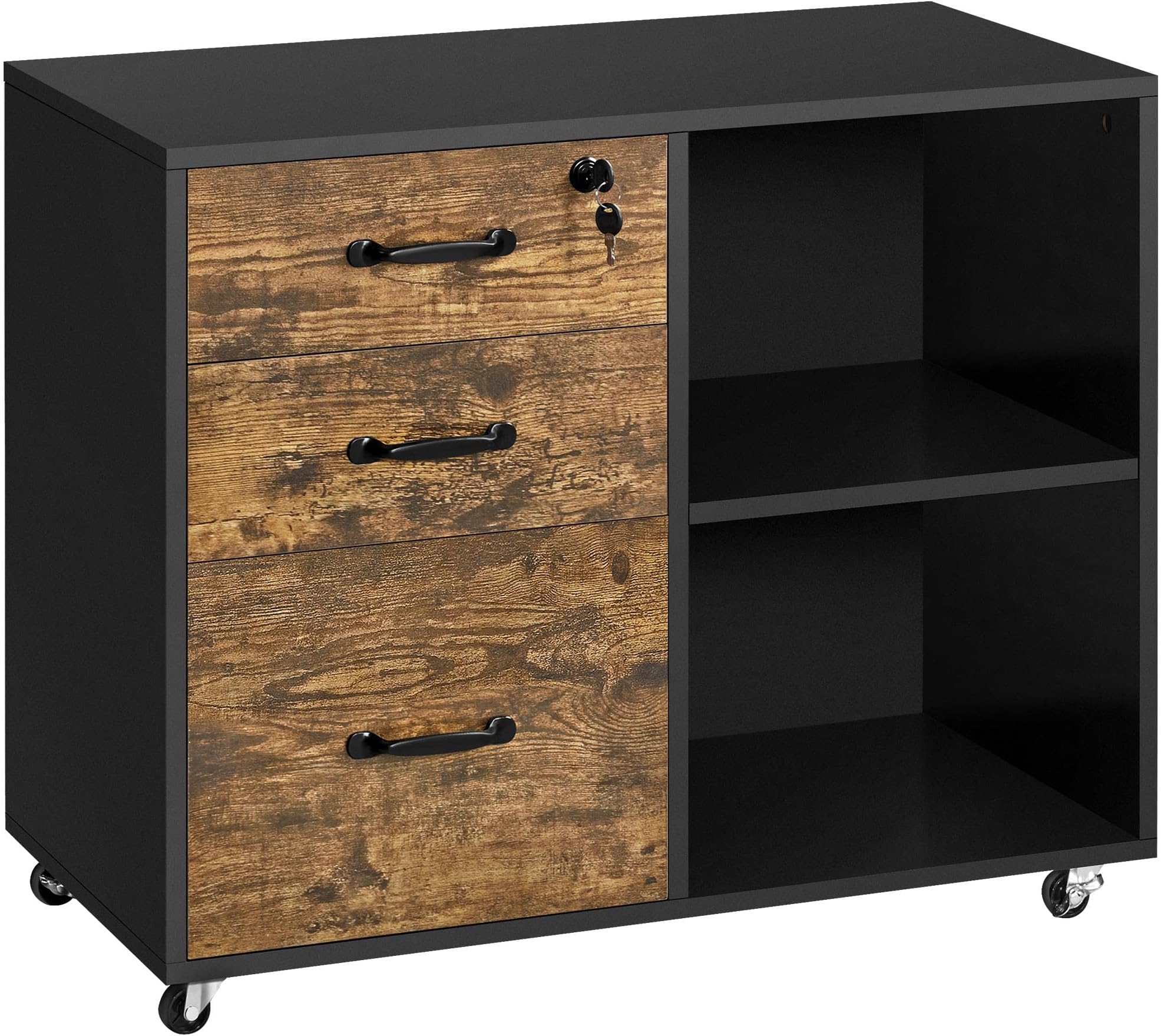 Classeur à Roulettes 2 Tiroirs Avec Serrure - En MDF, Blanc/noir, à Monter, Pour Bureau Ou Maison