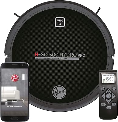 Hoover H-GO 300 – Hydro Pro – HGO330HC Robot Aspirador, Aspira, Barre, friega y Pasa la mopa, 2 depósitos, Wi-Fi, conexión Alexa, 120mins, Mando y Base de Carga, Sensor anticaída y antichoque, Negro