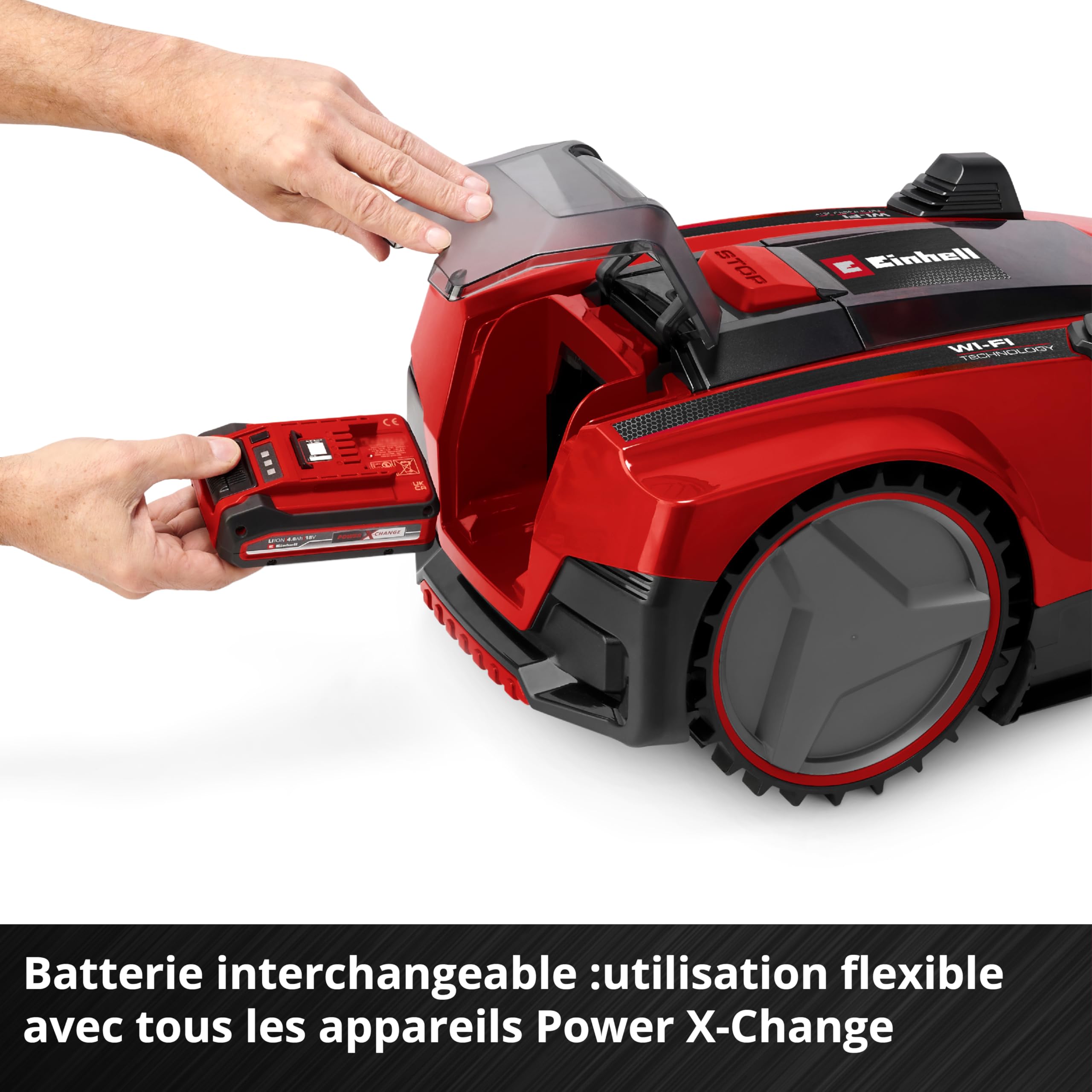 Einhell Robot-Tondeuse FREELEXO CAM Plus 600 Power X-Change (18 V, caméra remplaçant Le câble périphérique, pour 600 m², Moteur sans Charbon, Wi-FI, pentes Jusqu’à 25%, avec Batterie 4,0 Ah Plus)