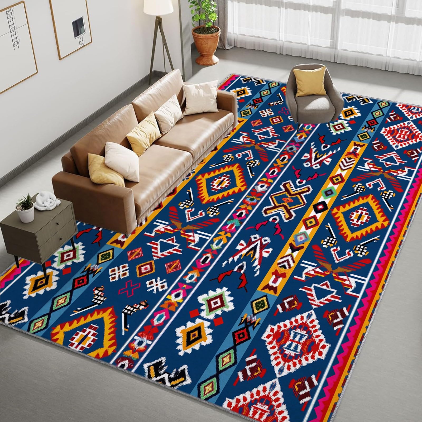 Tapis Salon 160x230cm Floral Géométrique Aztèque Tapis de Chambre Doux Moderne, Tapis Poils Ras Antidérapant, Tapis Rectangulaire, Moquette pour Enfants, Tapis De Couloir