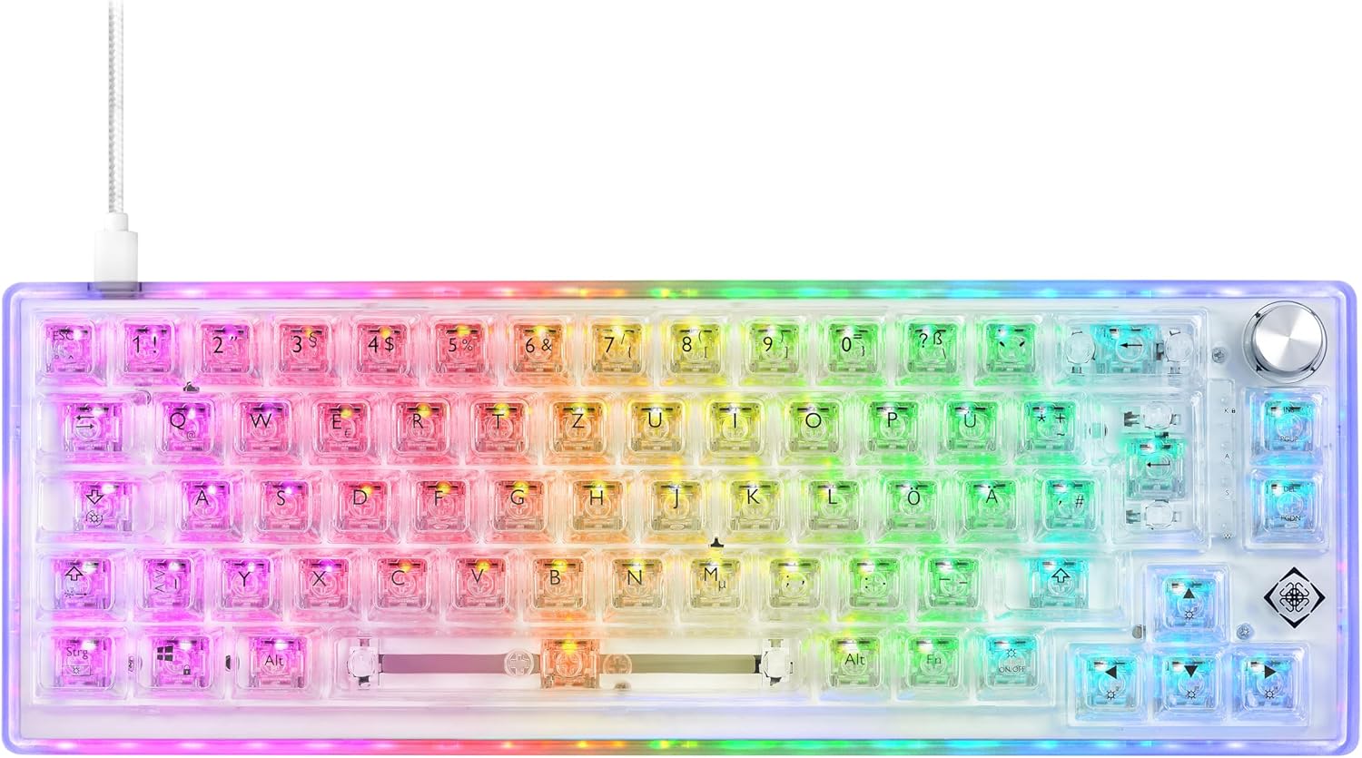 Von oben nach unten view of the DELTACO GAMING DK460 keyboard with vibrant RGB lighting, showcasing the QWERTZ layout.