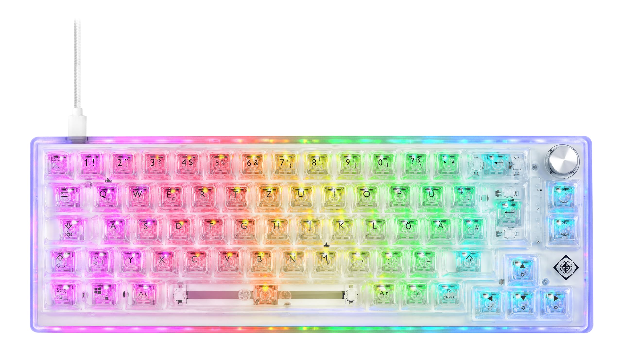 DELTACO GAMING DK460 – mechaniczna klawiatura gamingowa (oświetlenie RGB, układ QWERTZ, 65%, 67 klawiszy, USB-C) – przezroczysta