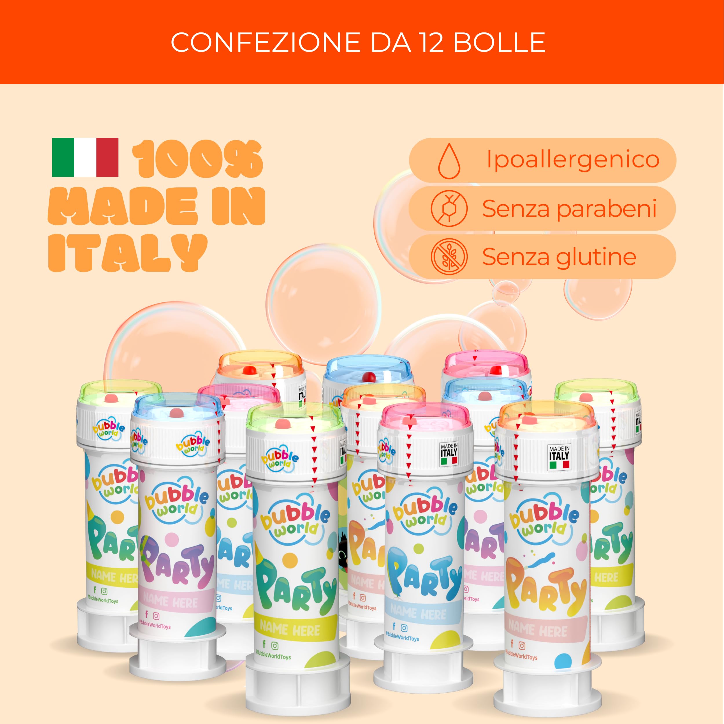 Bolle di Sapone Multicolore Made in Italy Confezione da 12pz - Bubble World Party Bubbles