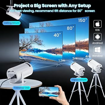 Mini Projector,Portable Home Theater Projector Built-in Apps 4K 1080P Support,Upgraded 20000 Lumen with Android 14,WiFi6 and Bluetooth 5.4,180° Rotation & Auto Keystone with HDMI/USB/Laptop/PS5