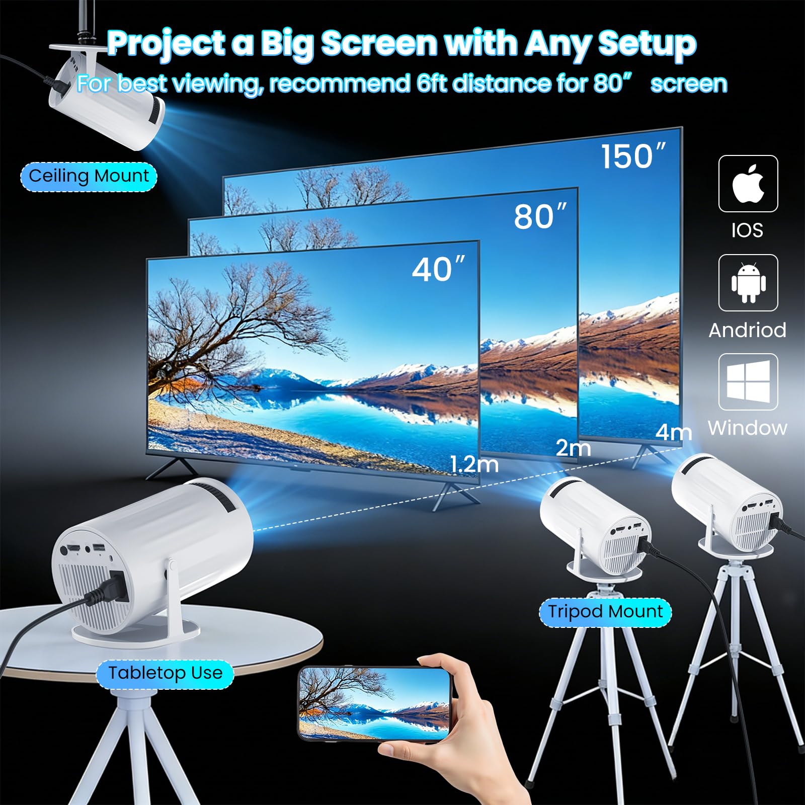 AMANKA Mini Proiettore con WiFi e Bluetooth Integrato, Proiettore PortatileAuto Keystone Home Theater Rotazione Di 180° Full HD Supportato per Telefono/PC/TV/HDMI/PS5, 200ANSI