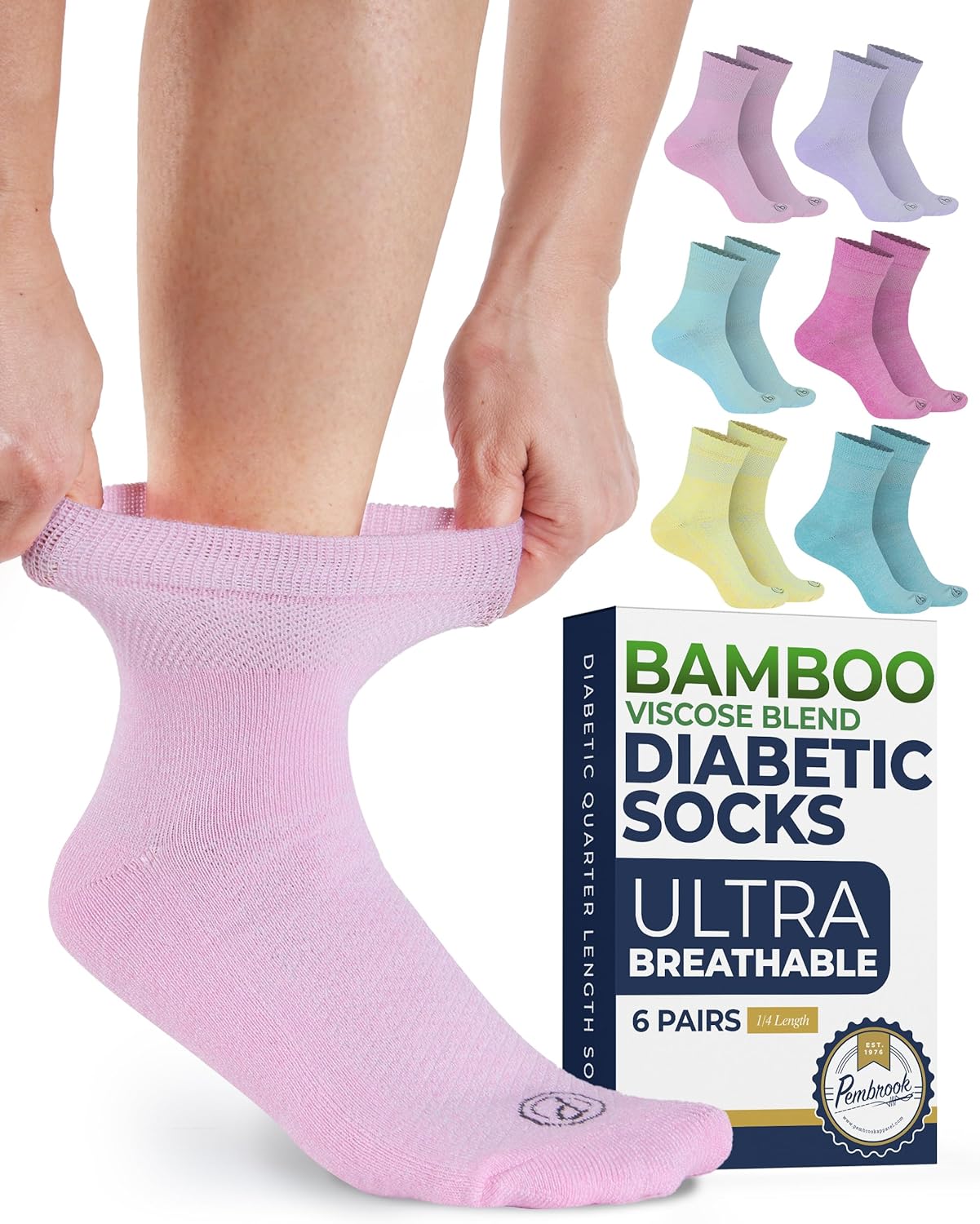 Pembrook Ankle Diabetic Socks for Women & Men - 6 Pairs | Breathable Bamboo Viscose | Wide Non Binding Socks Women, Loose Fit