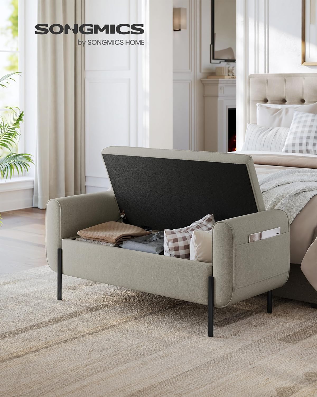 SONGMICS Storage Bench with Armrests, Ottoman with Storage for Living Room, Bedroom, Entryway, Living Room, Steel Legs, Camel Brown ULOM072K03