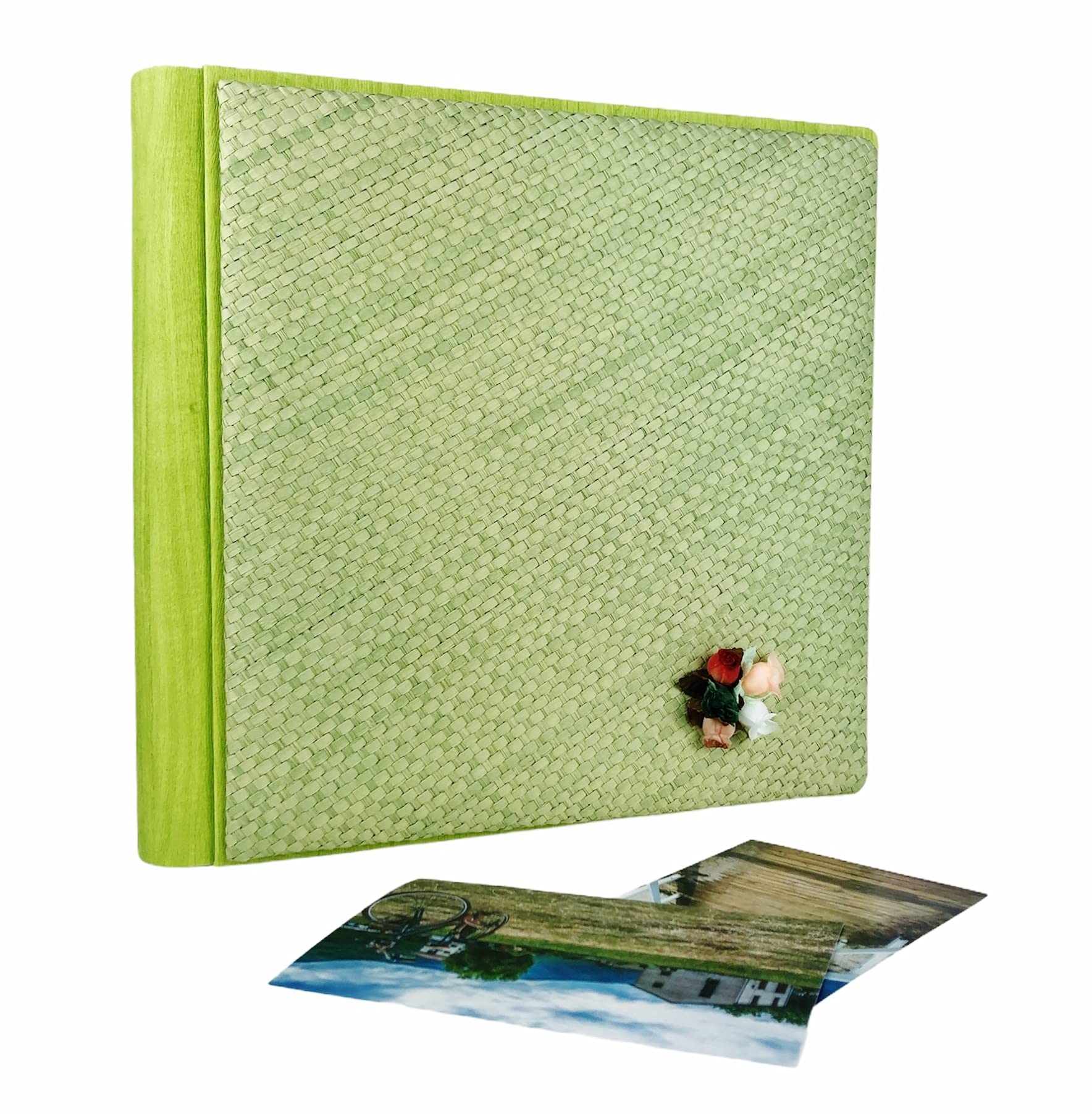 TriVin Art Álbum de fotos artesanal fabricado en Italia en imitación de piel fina y panel de canasta varios colores. (30 x 30 cm, 40 hojas de marfil) apto para cualquier evento (verde, canasta verde)