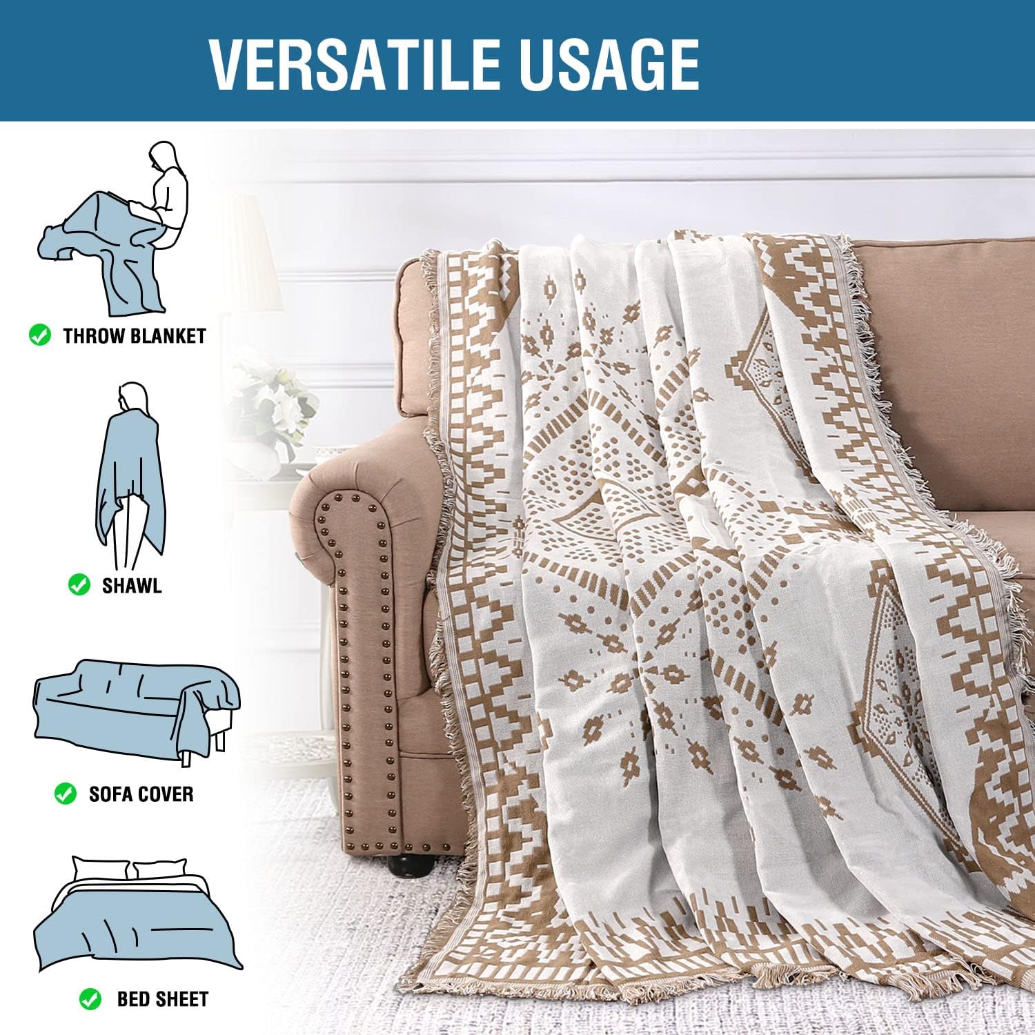 H.VERSAILTEX Reversible Sofa Cover Couch Cover for Dog Sofa Slipcover for Most Shape Sofa Furniture Protector with Tassels Sectional Couch Cover (Medium: 71" x 91", Sand/White)