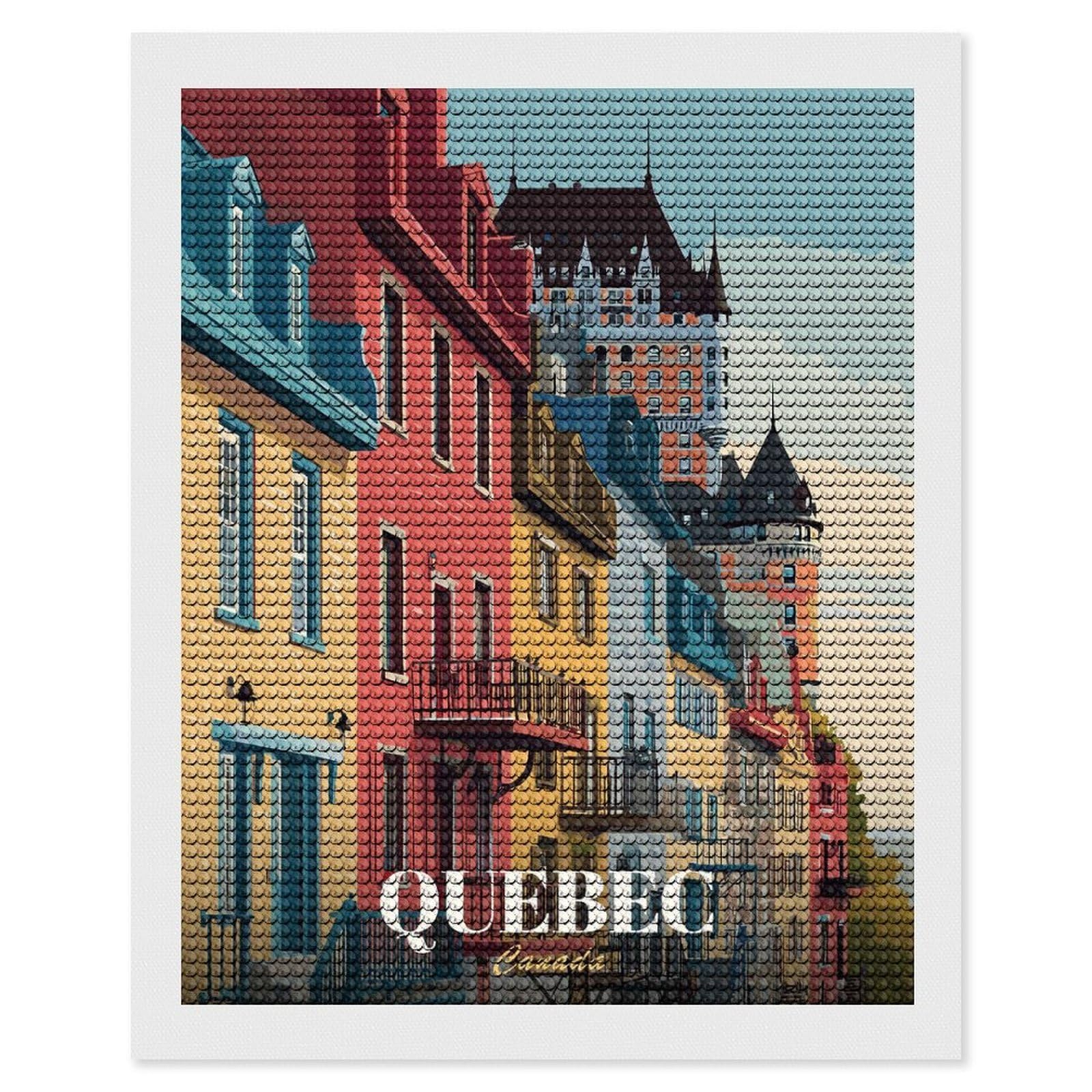 Junmoney Quebec Cityscape Illustration Diamond Painting Set 16"x20", Stress Relief Craft, Easy to Enjoy, Vintage Style Decor, Festive Craft Gift