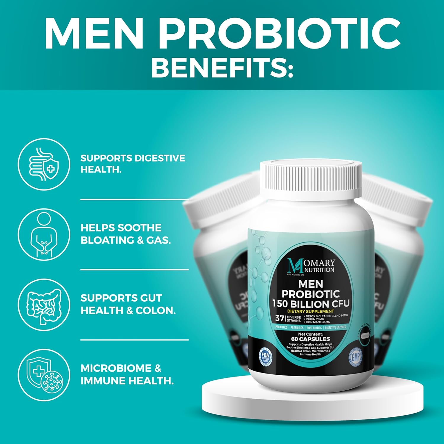 8-in-1 Bio Cultures Complex for Men – 150 Billion CFU Probiotics with 37 Diverse Strains, Organic Prebiotics, Postbiotics & Digestive Enzymes – Supports Digestive Balance & Gut Microbiome - Image 6