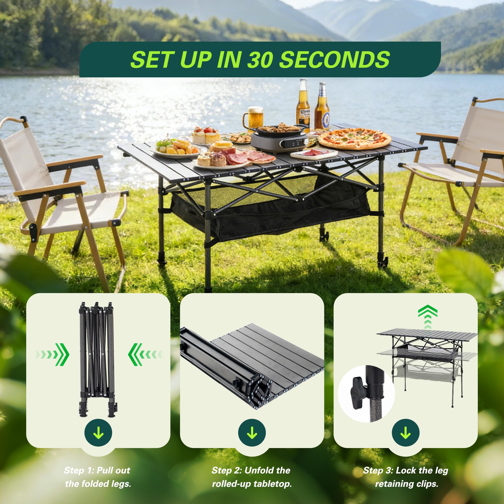 SogesPower Tavolo Campeggio Pieghevole, Altezza Regolabile 55-80cm, Piano Arrotolabile 120x55cm, Acciaio Carbonio Leggero 4,4kg, Capacità 80kg, Tasca a Rete + Borsa Trasporto, Nero