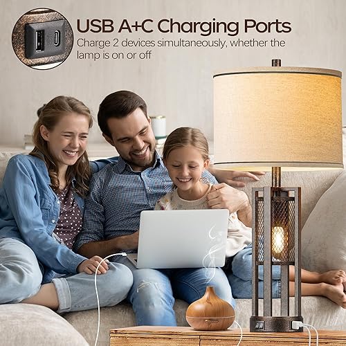 Miniatura 3 de Juego de 2 lámparas de mesa industriales de granja de 28 pulgadas - Lámparas rústicas de mesita de noche con puertos USB A+C duales, lámparas de