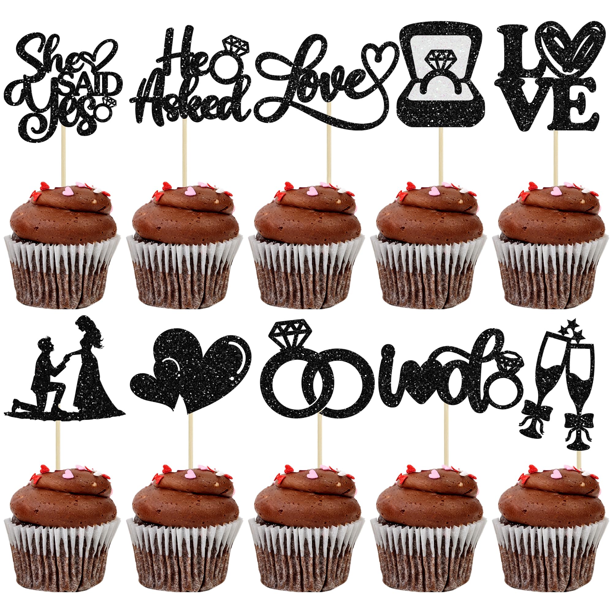 Ephlyn 30Pcs He Asked She Said Yes Cupcake Toppers Glitter Engagement Cupcake Toppers Diamond Ring Heart Love I Do Cupcake Picks for Engagement