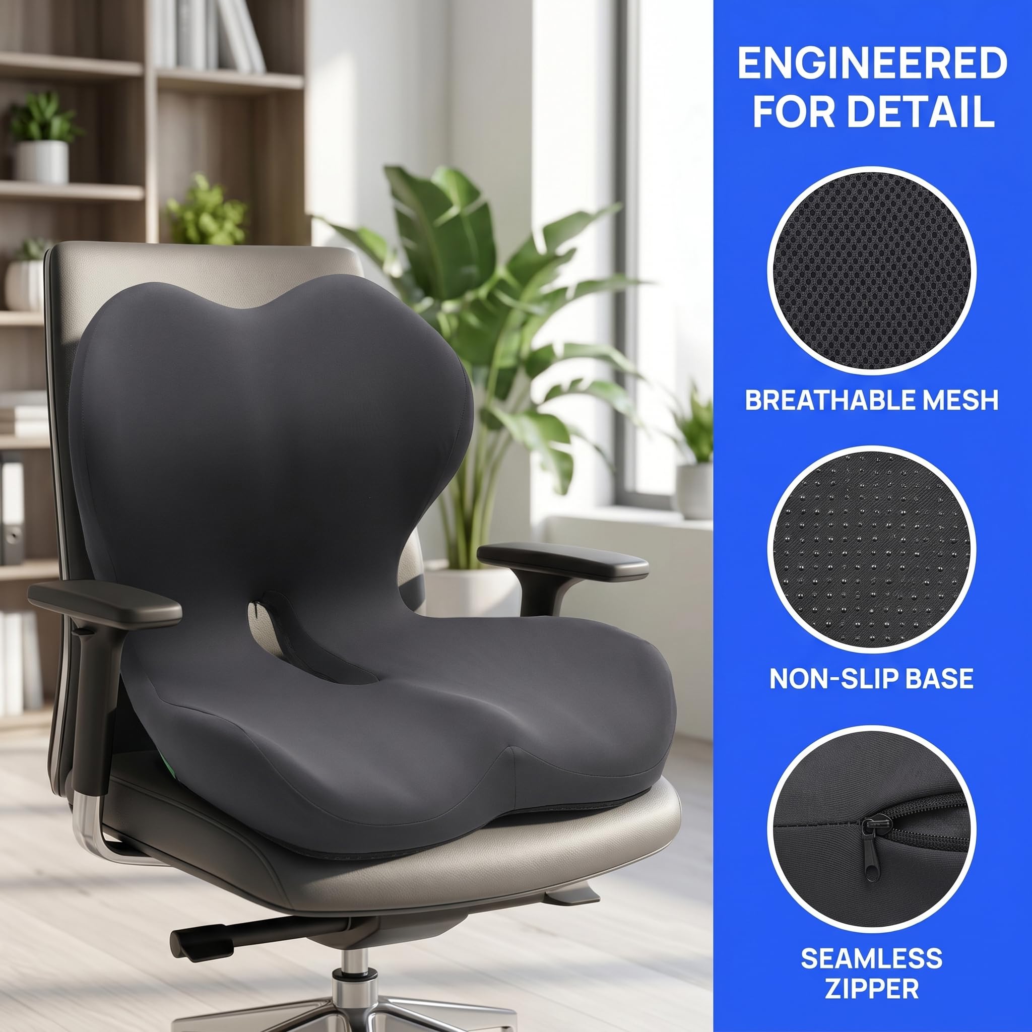 Esenlong Cuscino per schienale e seduta, cuscino integrato a forma di L, supporto lombare in memoria, design integrato per sedia da auto e ufficio, design ergonomico di protezione del coccige (grigio