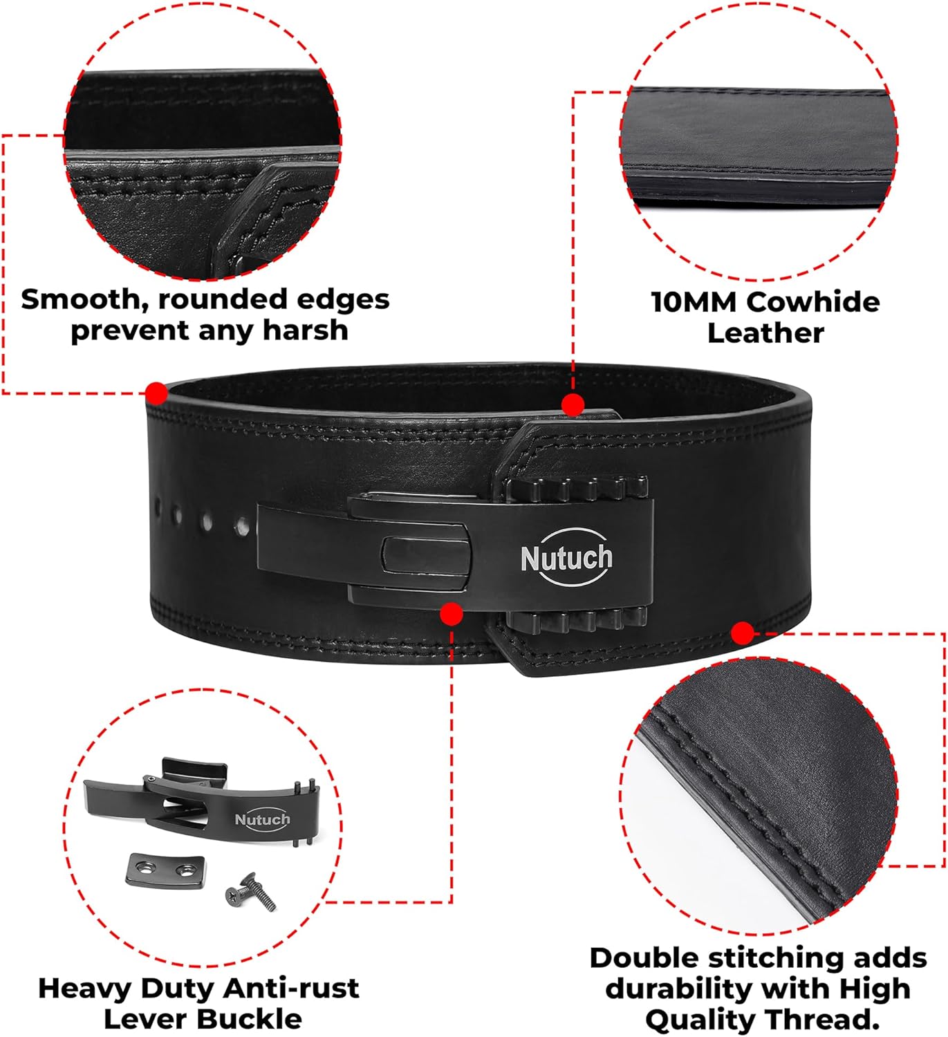 Genuine Leather Lever Weight Lifting Belt |10mm | Gym Belts | Weight Lifting Belts for Men and Women | Grain Leather Weightlifting Belt | Workout Belt | Powerlifting Belt for Back Support | Squats - Image 2