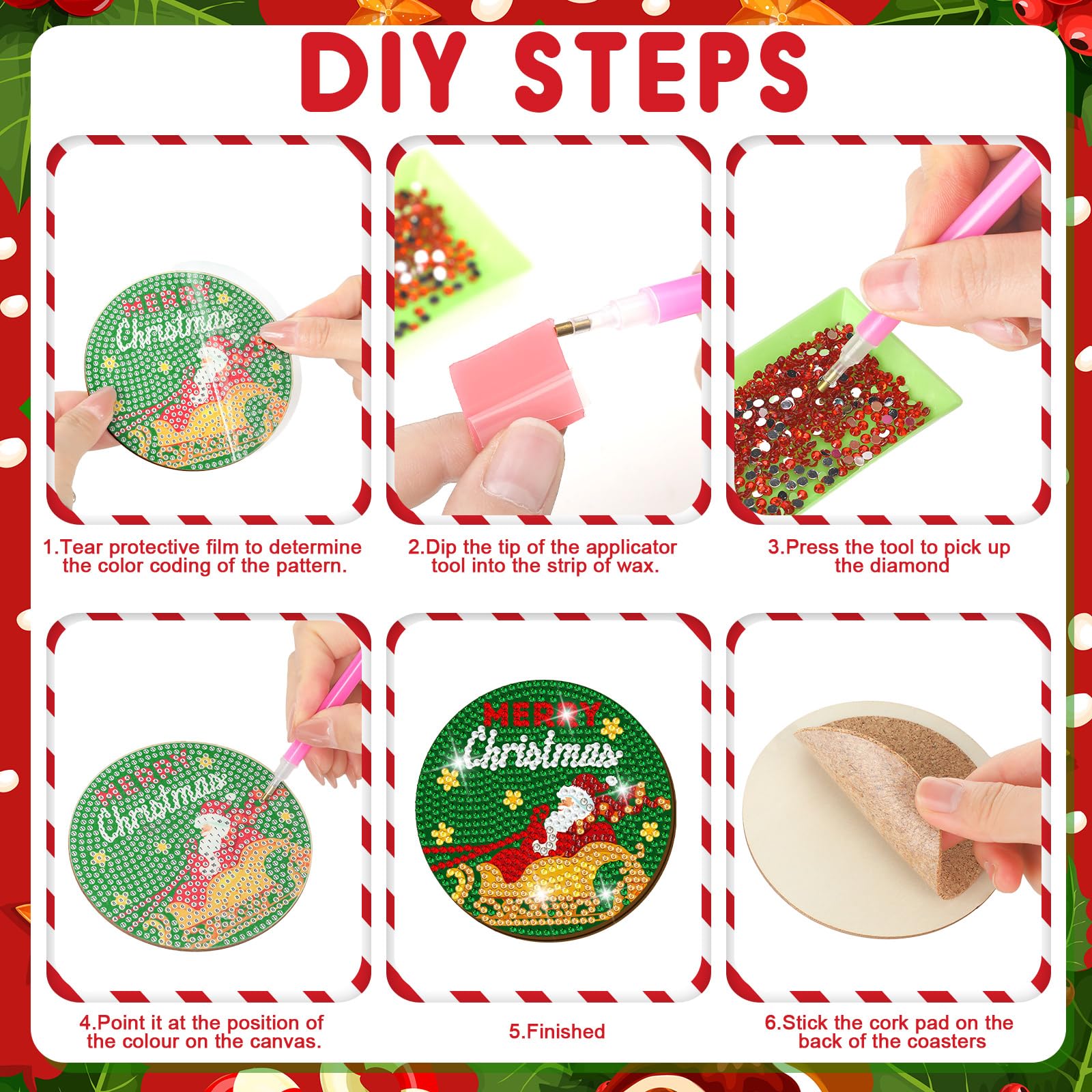 12 posavasos de arte de diamantes de Navidad, clásicos elementos de Navidad, posavasos de pintura de diamantes con soporte, kit de pintura de diamantes de Navidad, Papá Noel, muñeco de nieve, árbol de