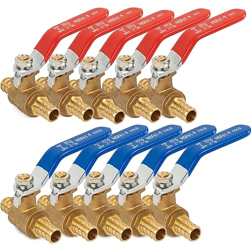 Hourleey 10 Pieces 1/2 Inch Pex Brass Full Port Shut Off Ball Valve HOT AND COLD, Quarter Turn HOT (RED) COLD (BLUE) of Brass Water Stop Shutt off