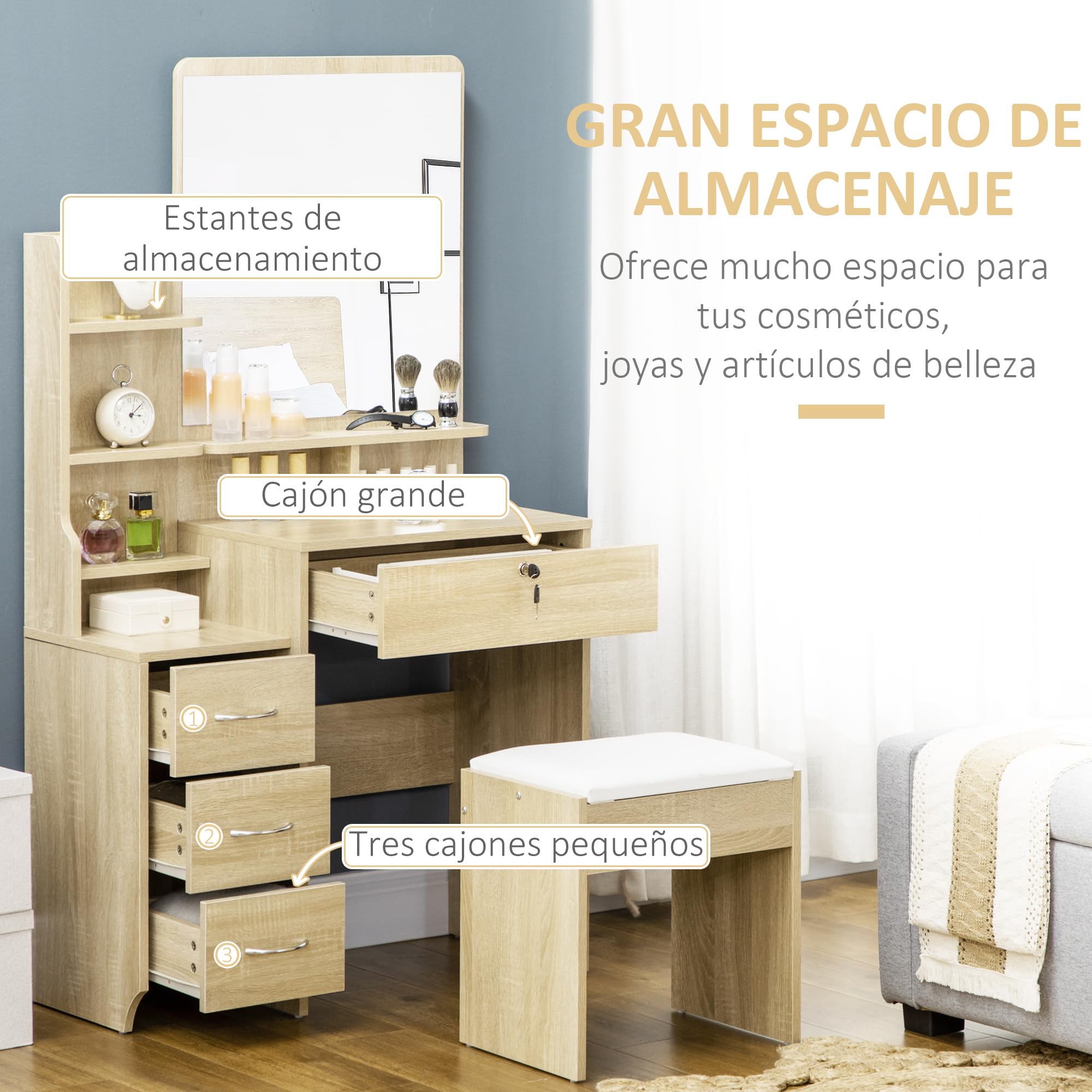 HOMCOM Tocador de Maquillaje con Taburete, Tocador con Espejo, 4 Cajones, Estantes, Compartimentos Abiertos, Estilo Moderno, para Dormitorio, Vestidor, 80x38x143 cm, Natural