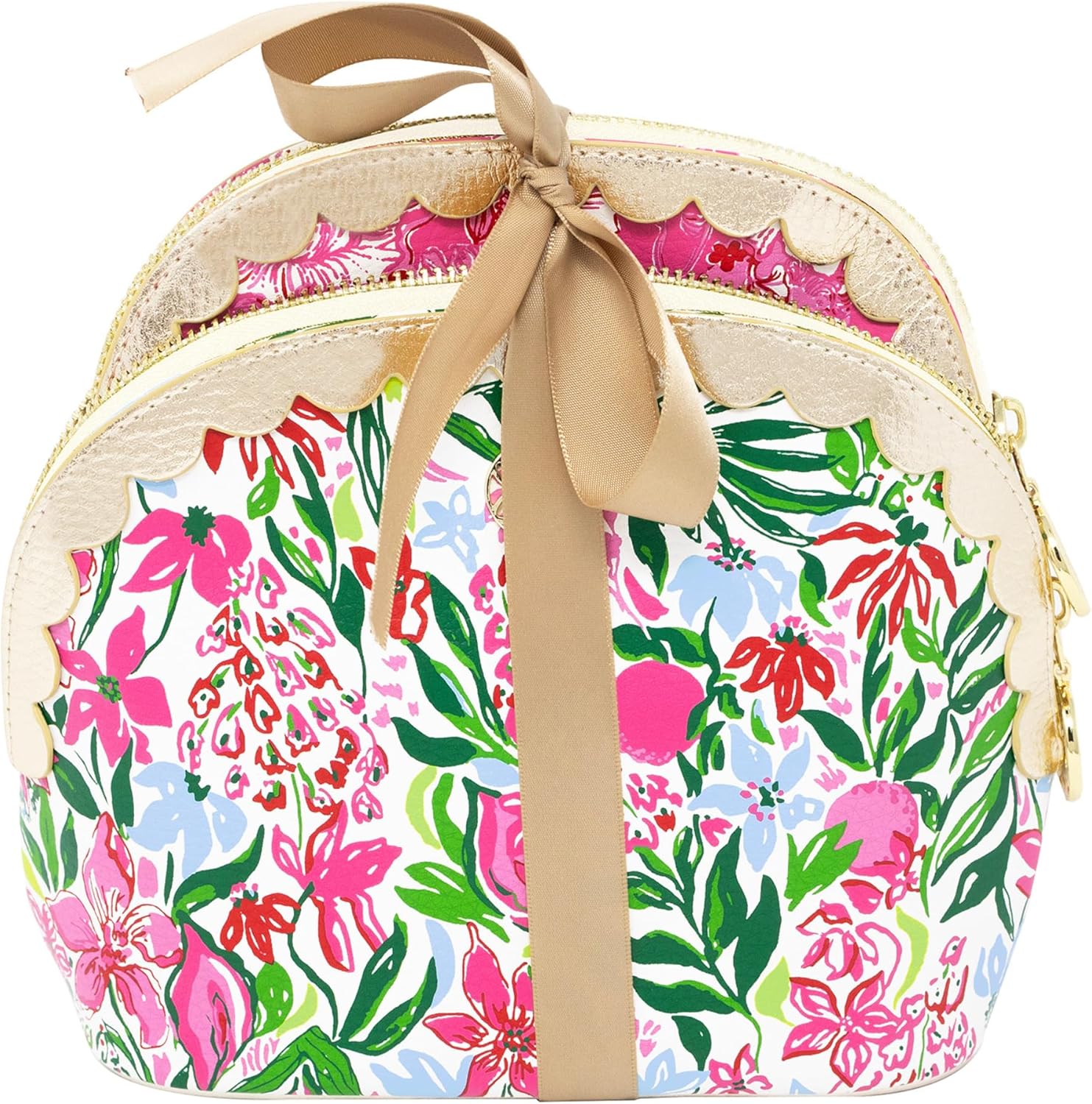 Lilly Pulitzer Vegan Leather Zipper Pouch Set of 2, Large and Small Travel Toiletry Bags with Scallop Edges for Supplies, Makeup or Toiletries (Glowing Garden/Feeling Poppy)