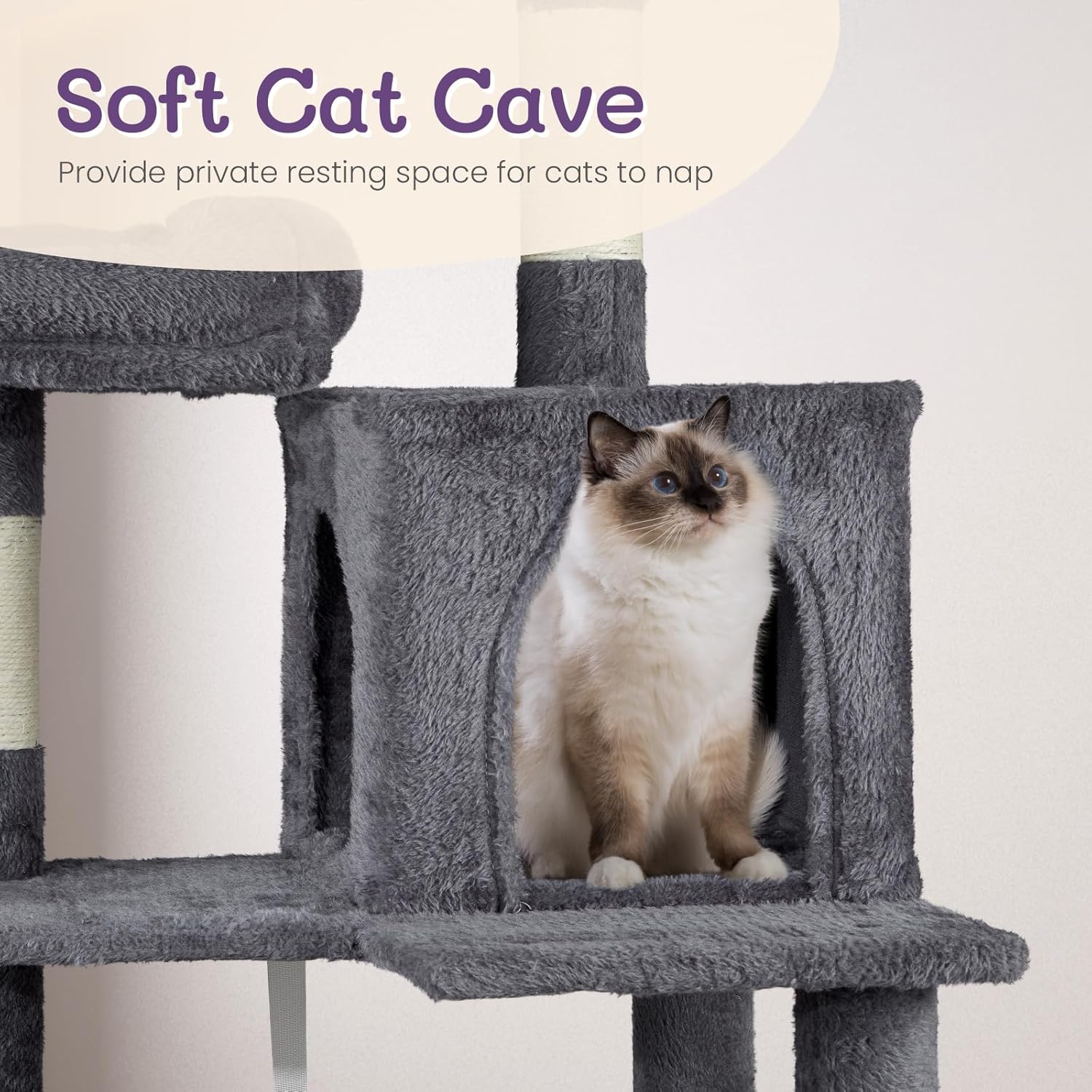 57 inch Cat Tree Cat Tower for Indoor Cats, Cat House with Padded Platform Bed, Toy Balls, Large Cozy Condo and Sisal Scratching Posts, Dark Grey