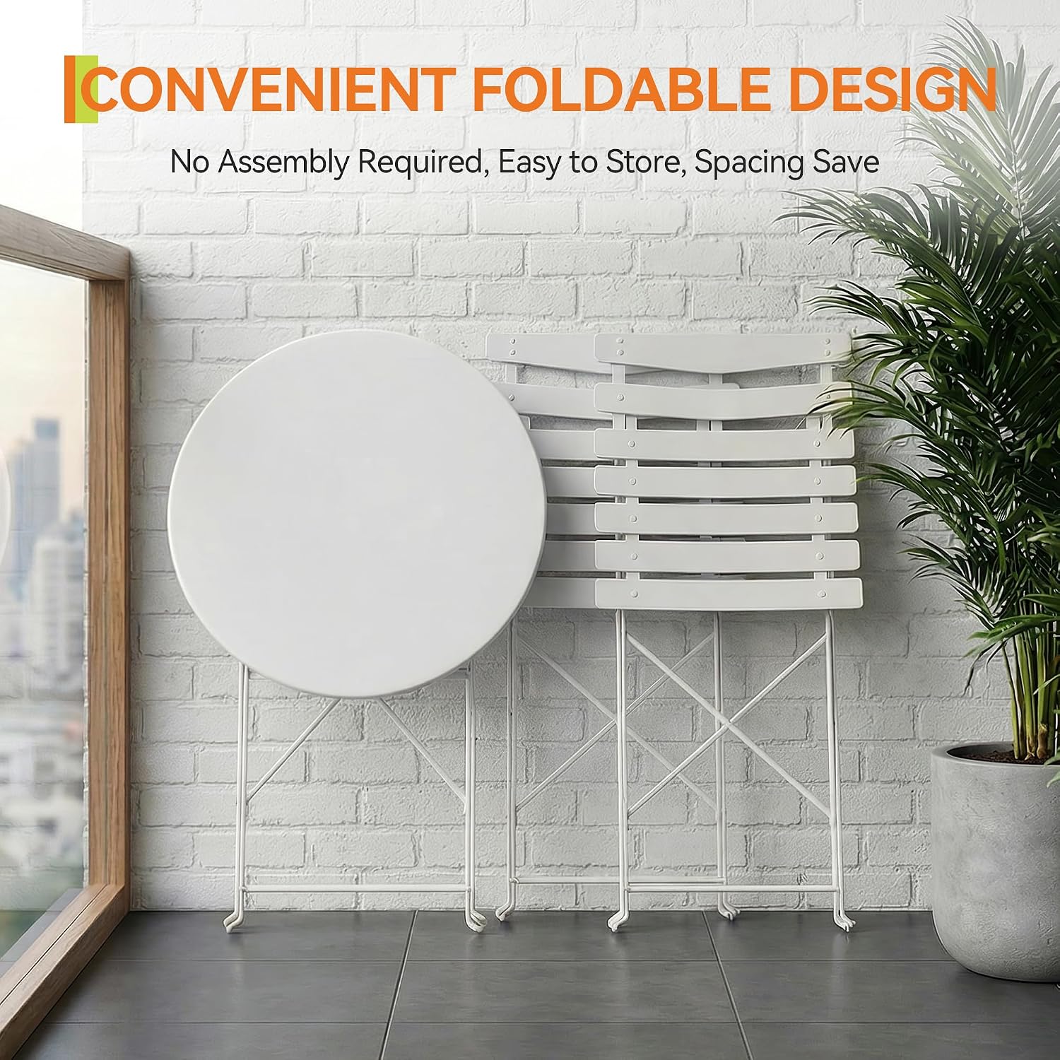 GarveeHome 3 Piece Foldable Patio Bistro Set, Outdoor/Indoor Metal Table and Chairs Furniture, Compact Round Table with 2 Folding Chairs for Balcony, Porch, Deck, Garden, Apartment, Small Space, White