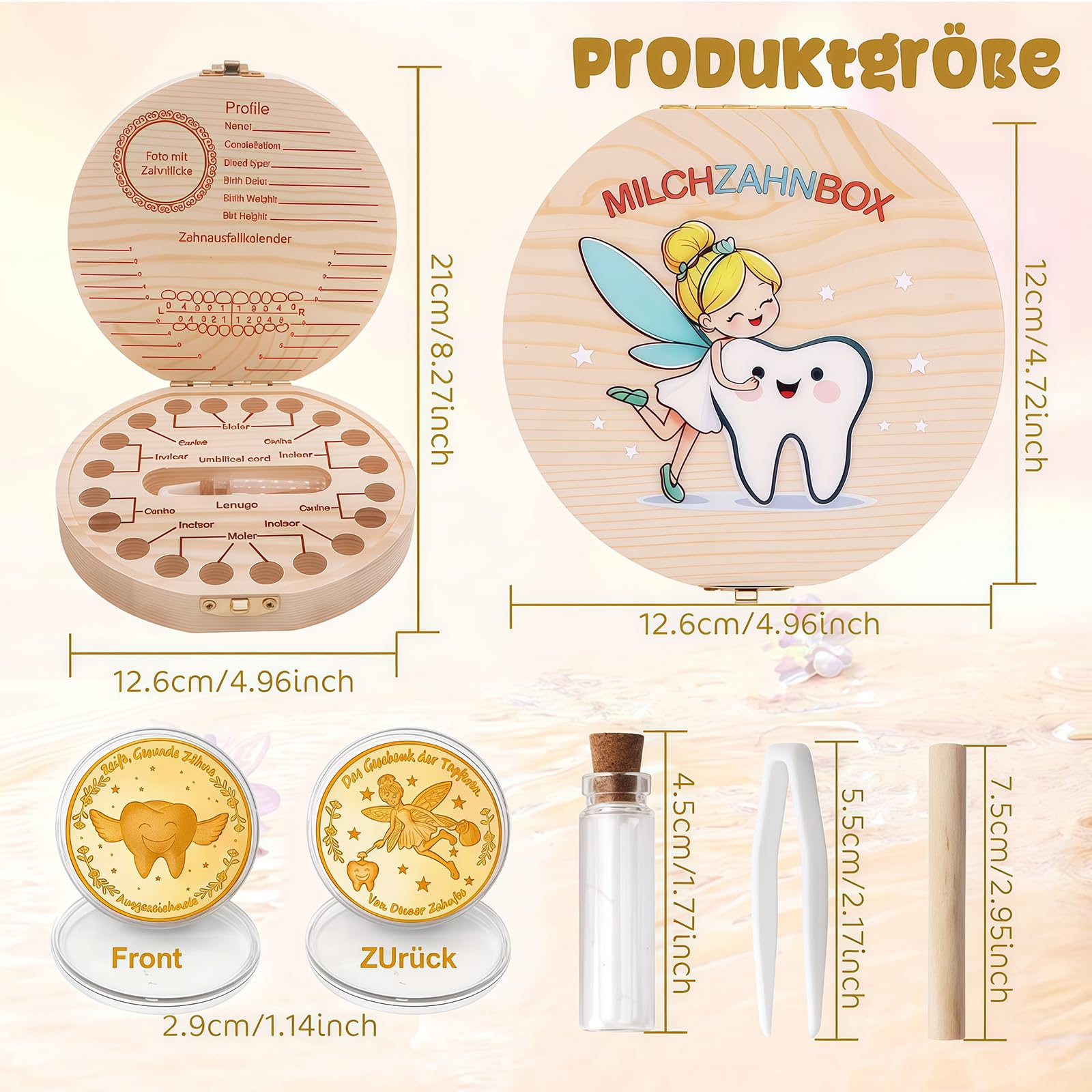 Caja de dientes de leche con motivos coloridos para niños y niñas, juego de regalo con 2 monedas, caja de dientes personalizable para dientes de leche, regalo para el tiempo