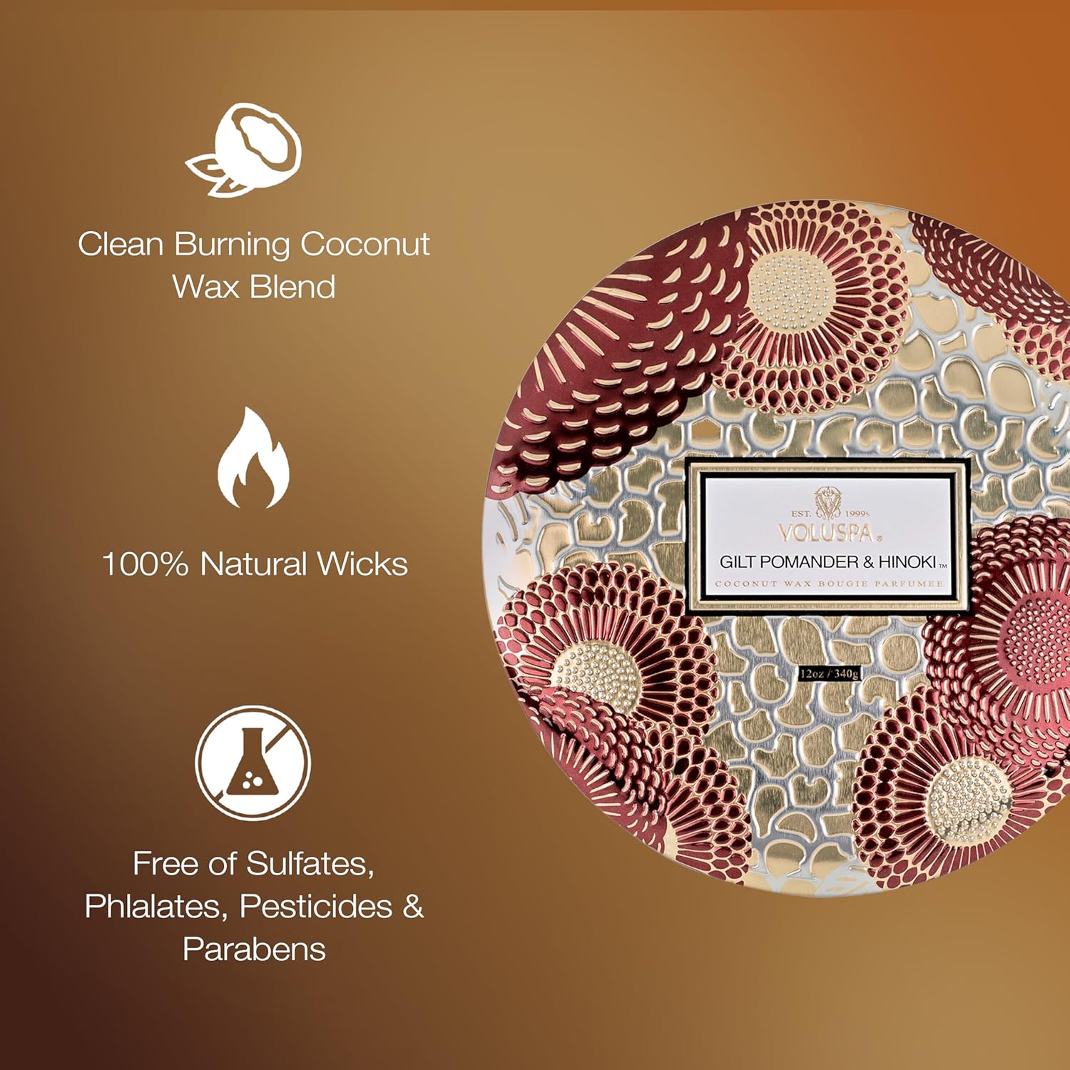 Voluspa Gilt Pomander Hinoki, 3 Wick Tin Candle, 12 Ounces, 40 Hour Burn Time, Coconut Wax for Clean Burning, Handcrafted in The USA - Image 4