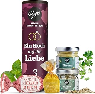 Gepp's Feinkost Ein Hoch auf die Liebe I Wedding Gift for Gourmet Bride and Groom I Registry Office Gift with Spice Salt & Fine Chocolates I Gift Idea Also Suitable as a Money Gift for Wedding A high on love