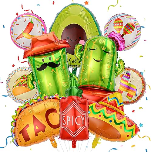 10 globos de fiesta mexicanos de taco, cactus, aguacate, sombrero de llama, botella picante, globos de papel de aluminio, decoración de fiesta del