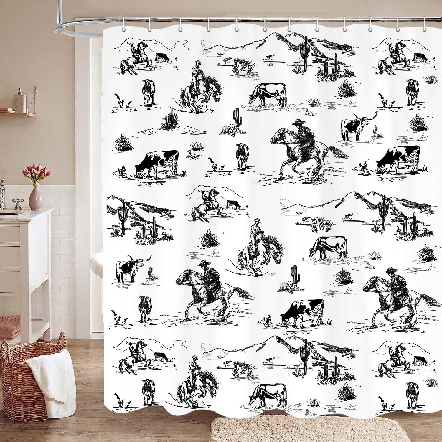 Western Cowboy Shower Curtain, Wild West Cowboy Ride Horse Desert Cactus Shower Curtain for Bathroom, Farmhouse Country American West Theme Fabric Decor Bath Curatain Set with Hooks, 69X78 Black