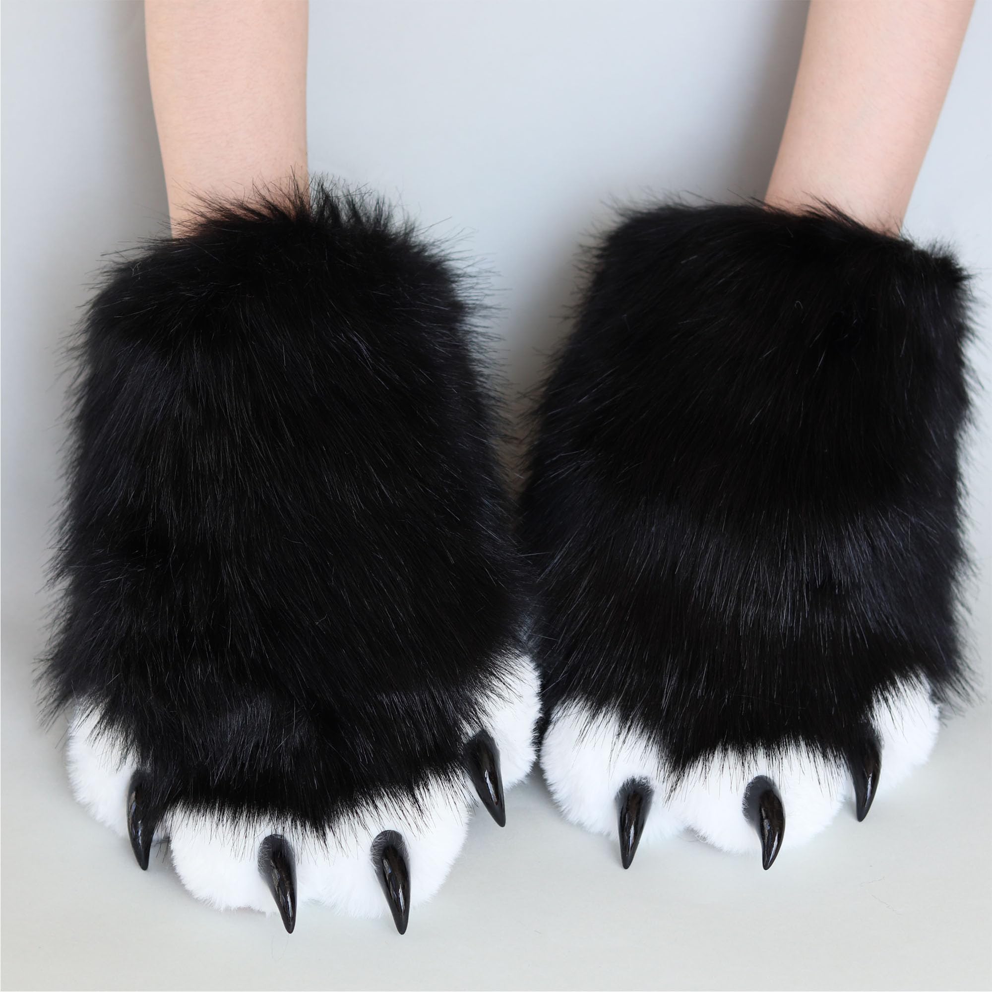 Therian Pfoten Pelzig Pfoten Kunstpelz Katzenpfoten Handschuhe, Therian Handschuhe mit Krallen, Fursuit Pelziges Kostüm Cosplay Katzen Wolf Fuchs Kostüm