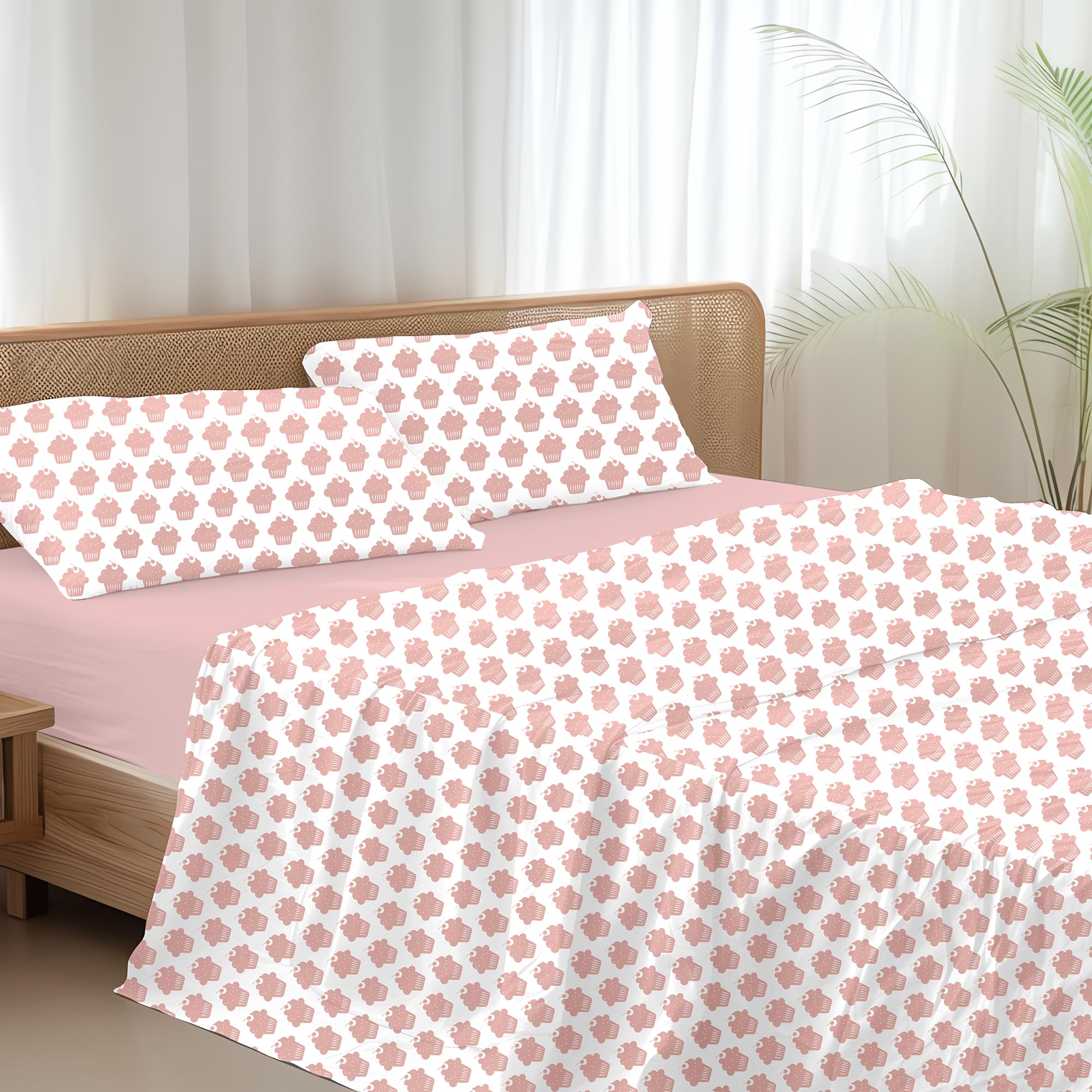 Ruggeri - Set Lenzuola Letto Matrimoniali 4 Pezzi in 100% Cotone di Alta Qualità, Lenzuolo con Angoli 170x200 cm, Lenzuolo Piatto 240x280 cm e 2 Federe 50x80 cm (Cupcakes Rosa, Matrimoniale)